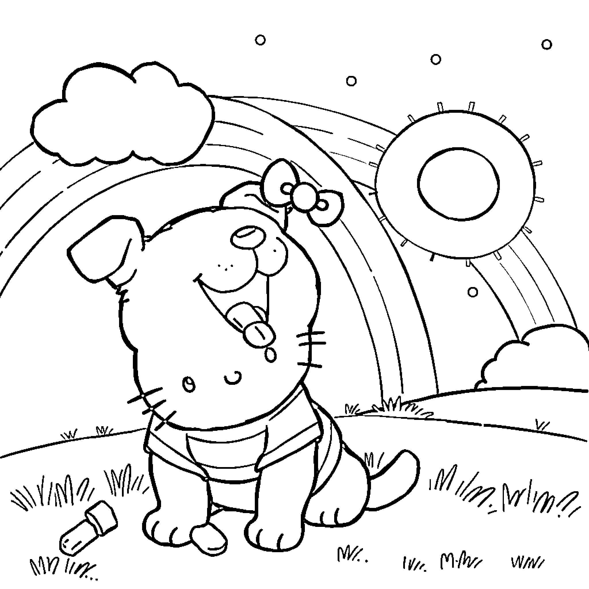 Dog playing happily in the park Coloring Page (free black-and-white line drawing printable PDF for all, from beginners to advanced learners, including children, teens, adults, and seniors)
