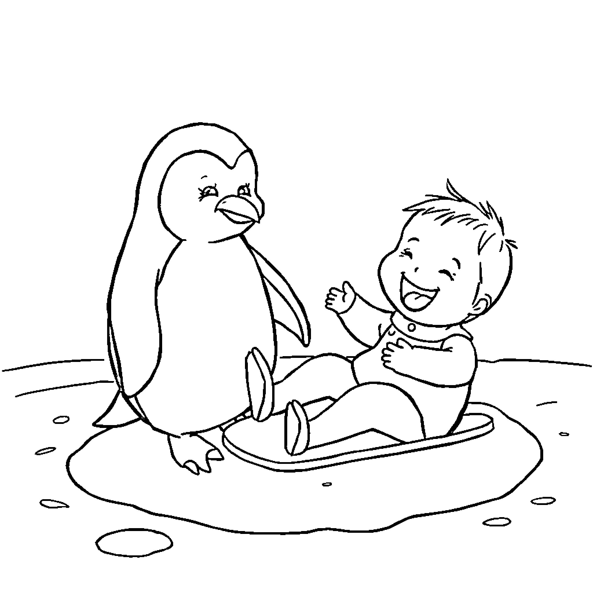 Penguin befriending a happy child Coloring Page (free black-and-white line drawing printable PDF for all, from beginners to advanced learners, including children, teens, adults, and seniors)