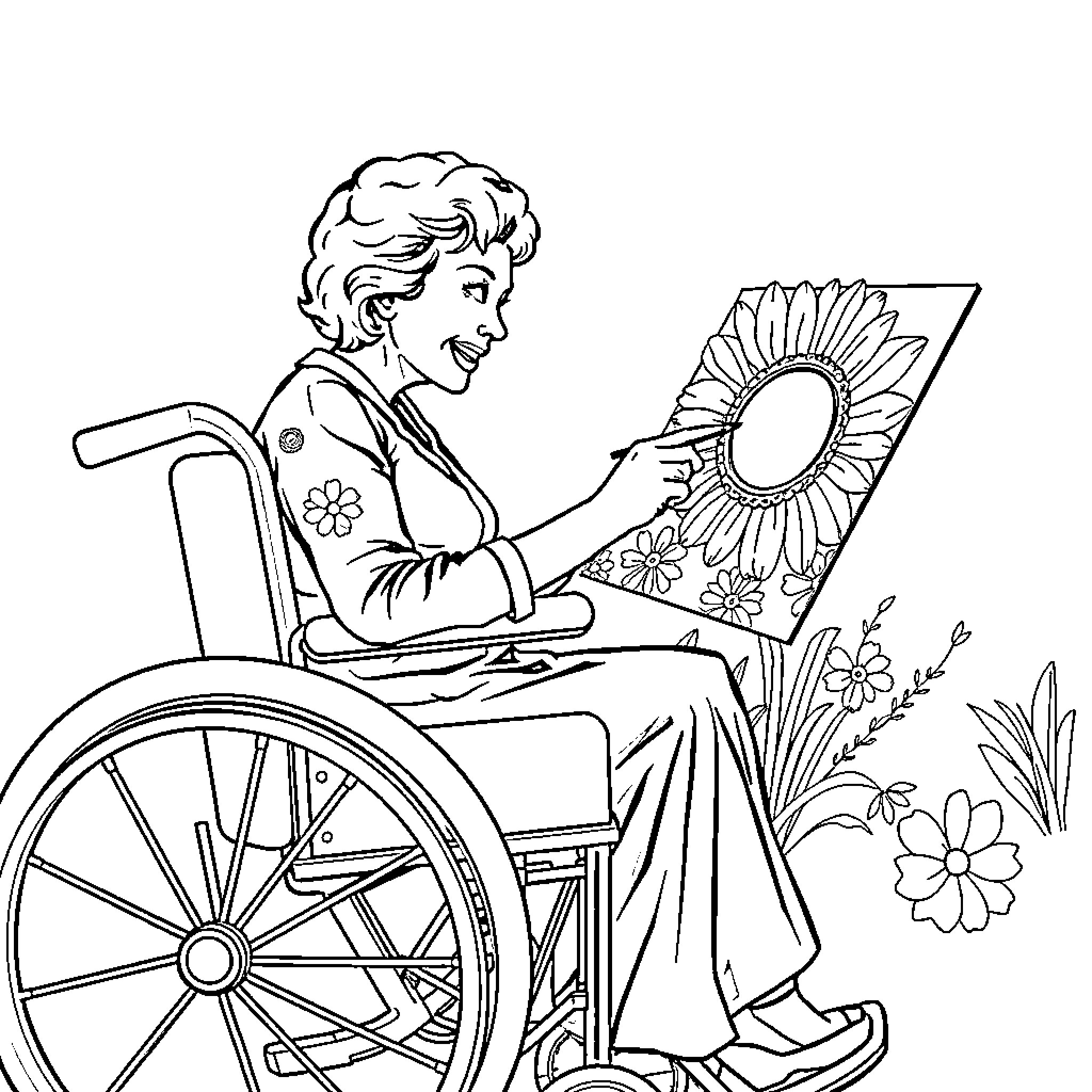 Lady in Wheelchair Painting Sunflower Art Coloring Page (free black-and-white line drawing printable PDF for all, from beginners to advanced learners, including children, teens, adults, and seniors)