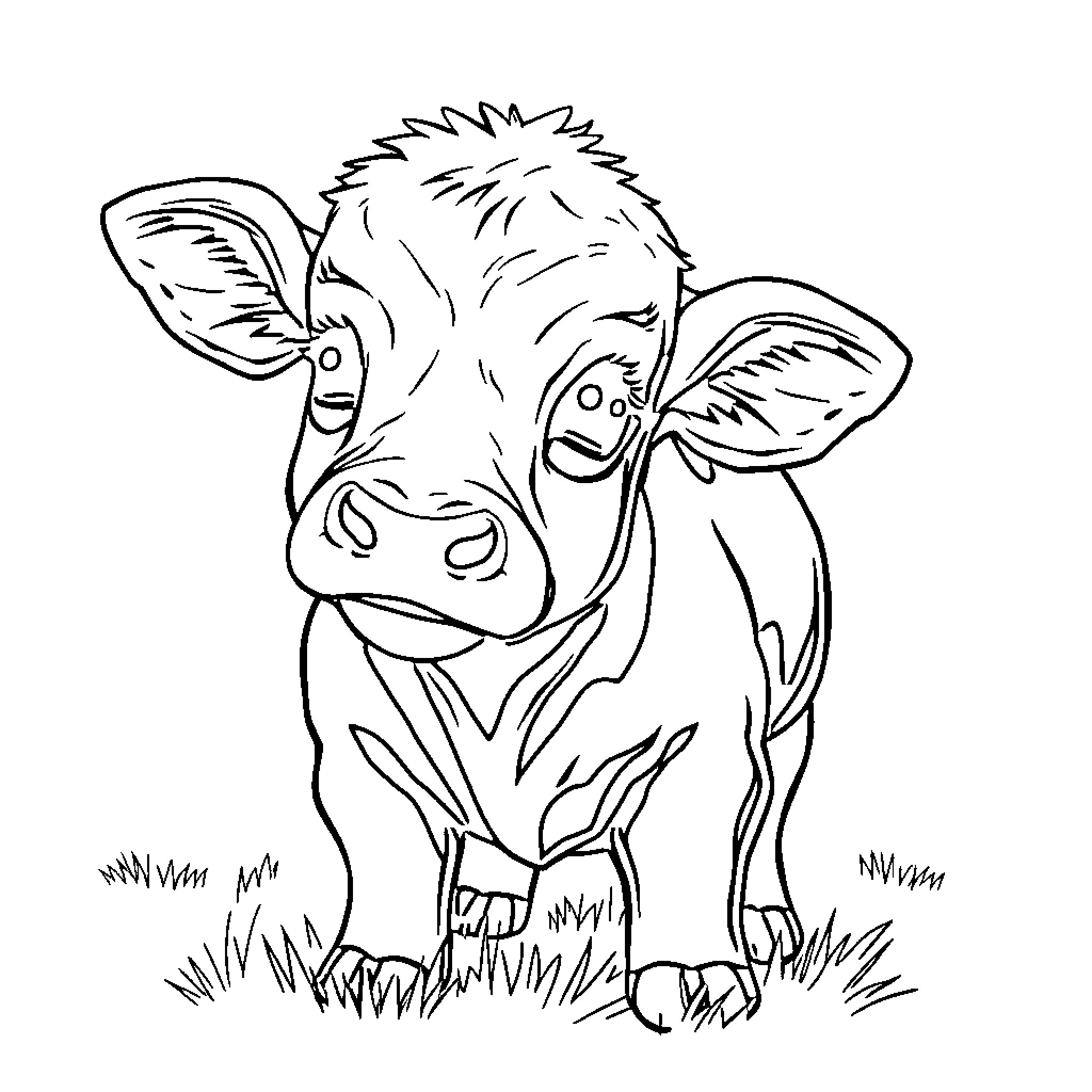 Cow gazing curiously in the field Coloring Page (free black-and-white line drawing printable PDF for all, from beginners to advanced learners, including children, teens, adults, and seniors)