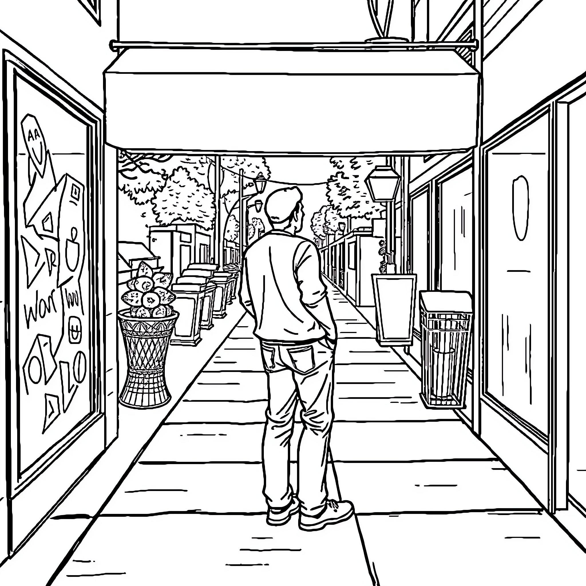 Man walking down a city street surrounded by shops Coloring Page (free black-and-white line drawing printable PDF for all, from beginners to advanced learners, including children, teens, adults, and seniors)