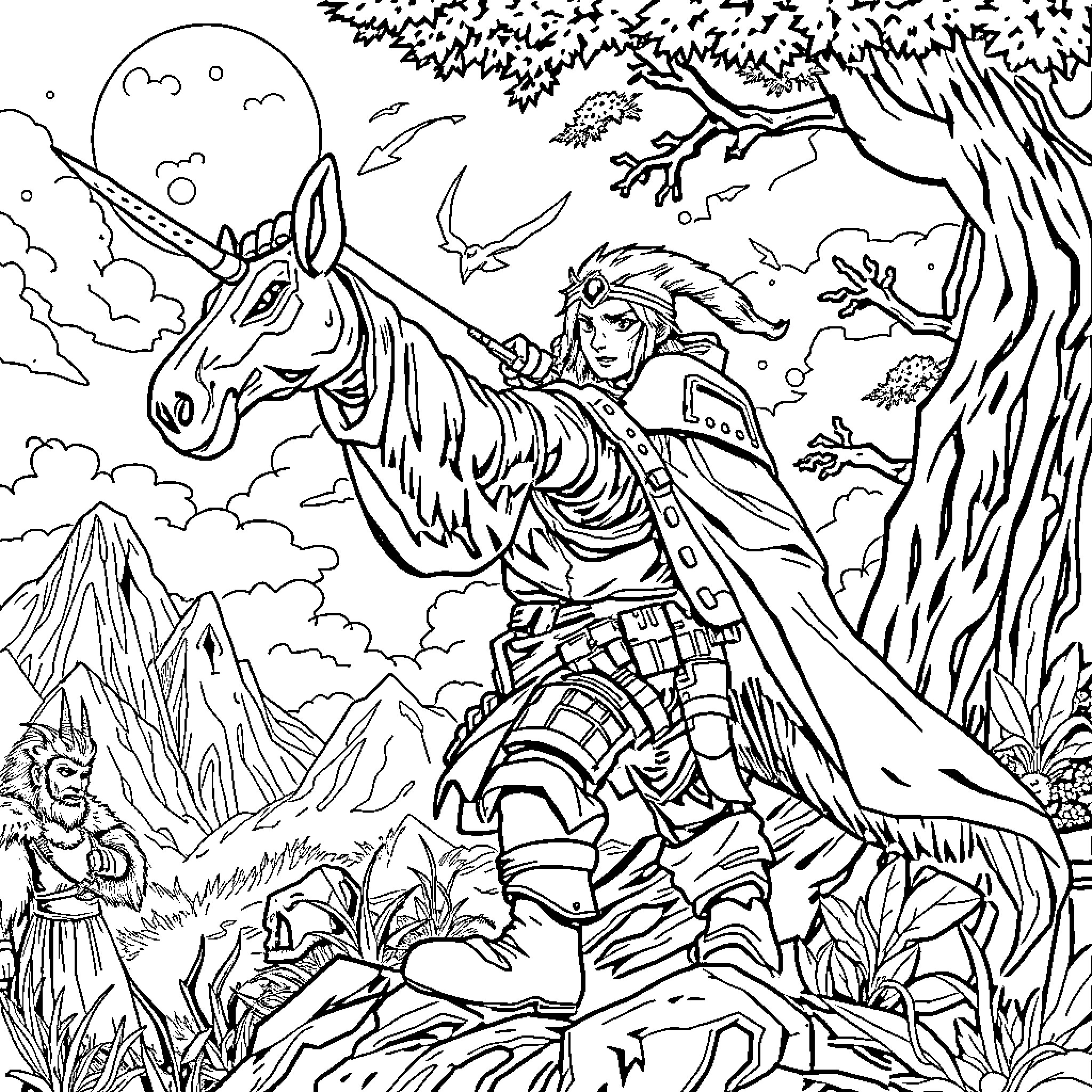 Huntrix's Majestic Journey through the Fantastical Realm Coloring Page (free black-and-white line drawing printable PDF for all, from beginners to advanced learners, including children, teens, adults, and seniors)