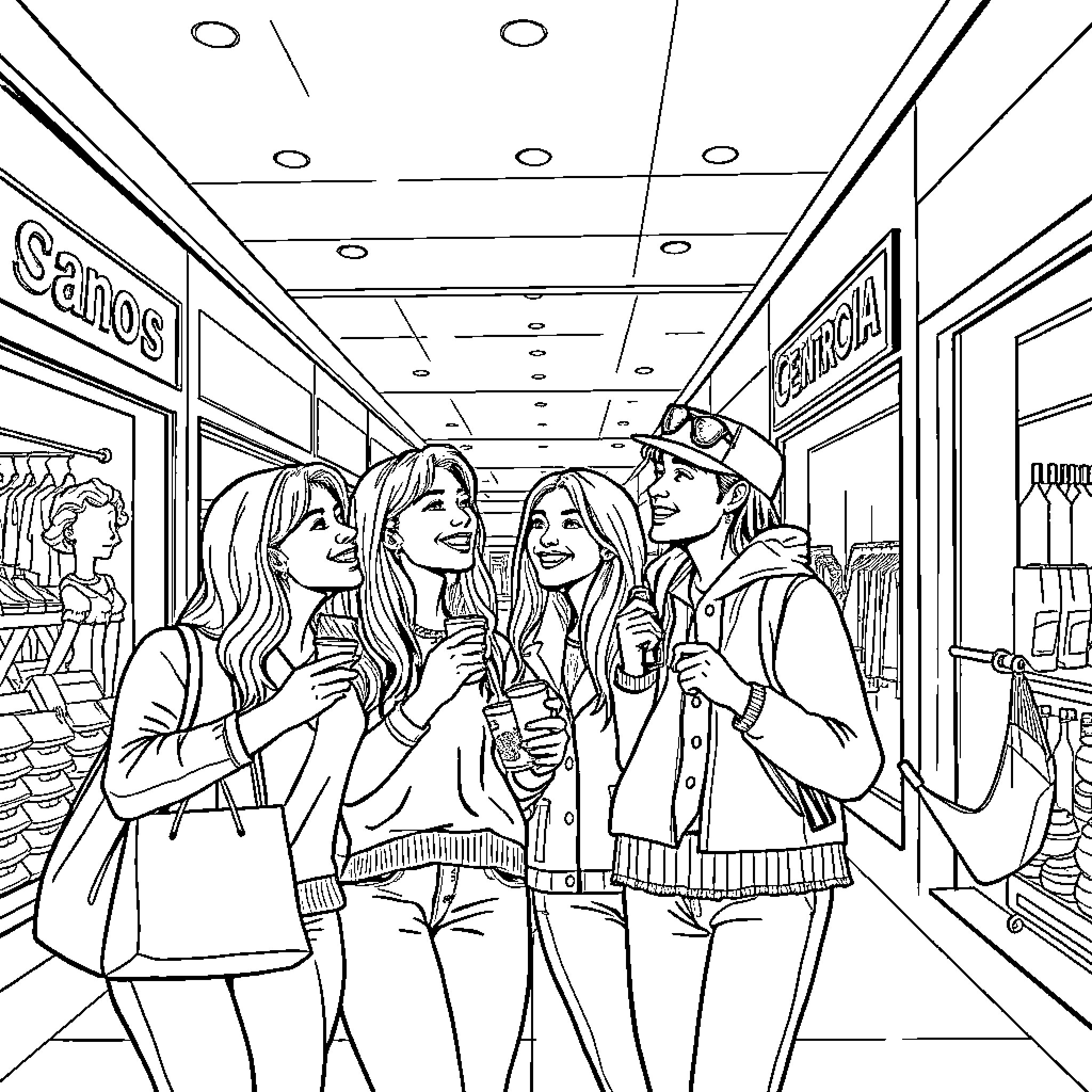 Shopping Keypop of Fashionable Friends in Store Coloring Page (free black-and-white line drawing printable PDF for all, from beginners to advanced learners, including children, teens, adults, and seniors)