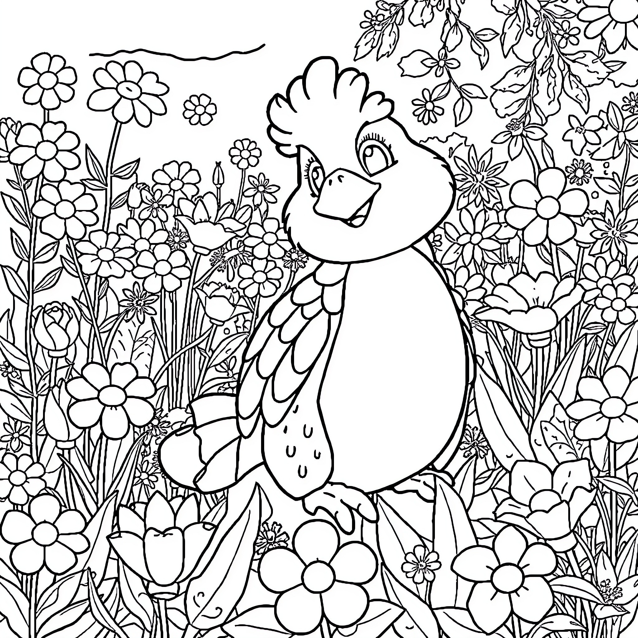 Geeko the Friendly Parrot in a Floral Garden Coloring Page (free black-and-white line drawing printable PDF for all, from beginners to advanced learners, including children, teens, adults, and seniors)
