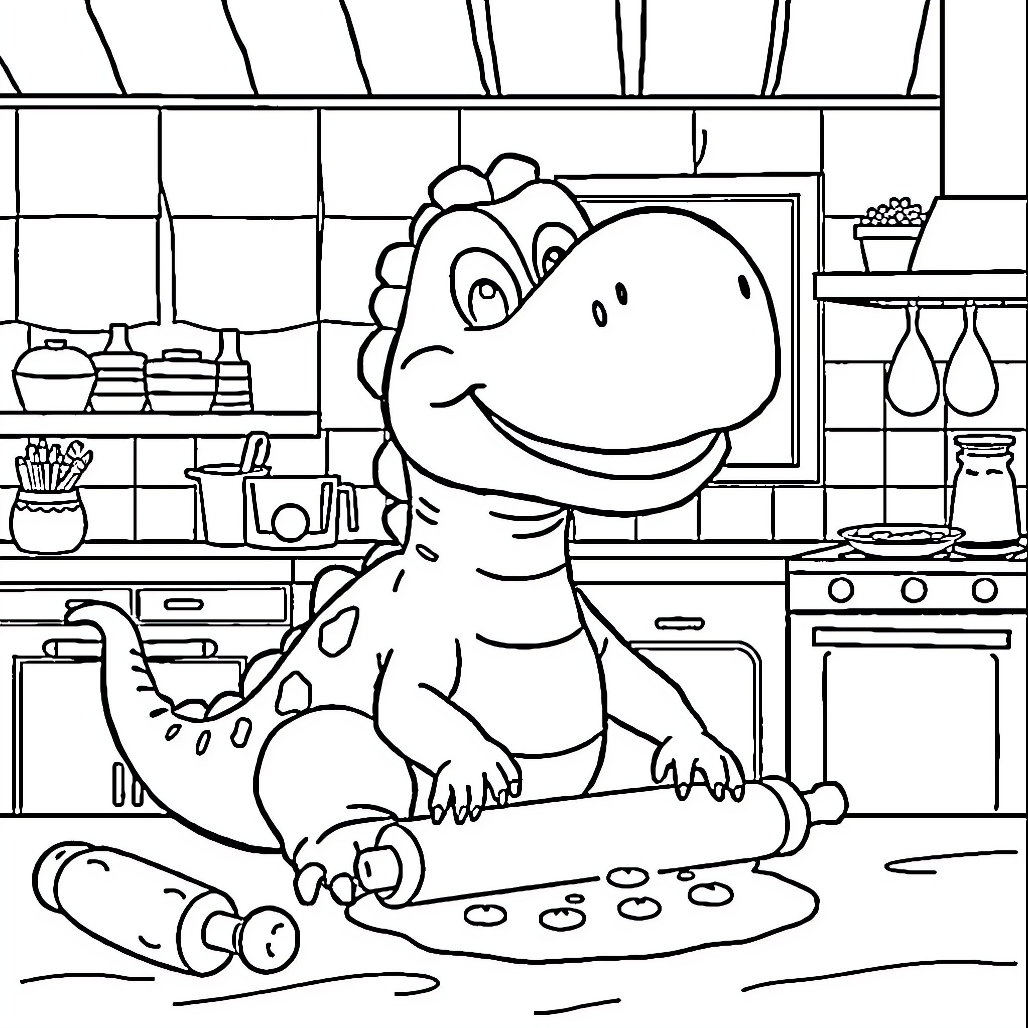 Dinosaur cooking happily in the kitchen Coloring Page (free black-and-white line drawing printable PDF for all, from beginners to advanced learners, including children, teens, adults, and seniors)