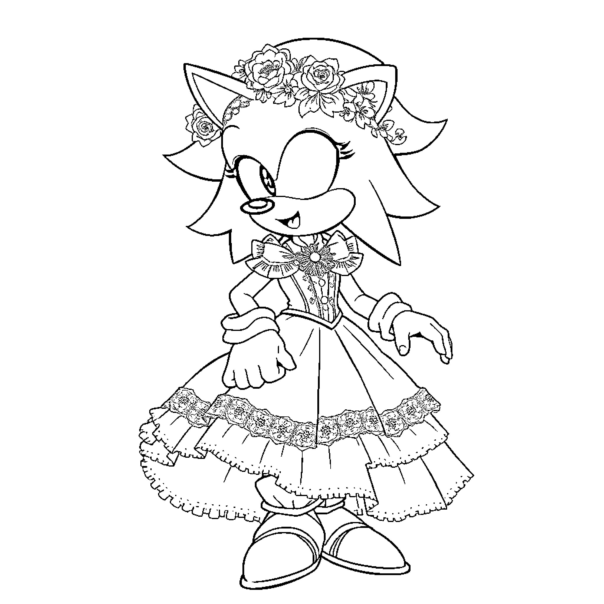 Sonic character in elegant flower-themed attire Coloring Page (free black-and-white line drawing printable PDF for all, from beginners to advanced learners, including children, teens, adults, and seniors)