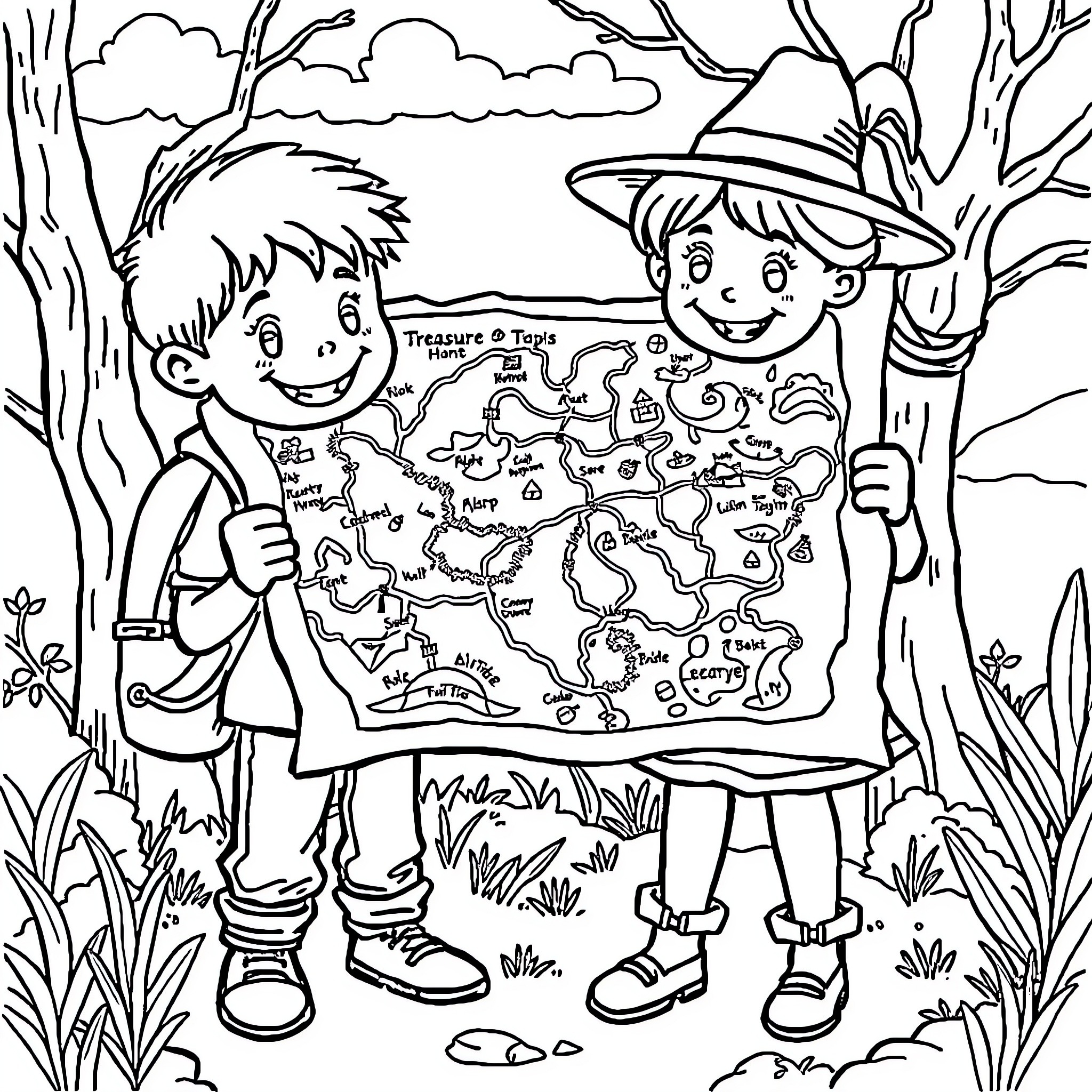 Treasure Map Exploration in the Outdoors Coloring Page (free black-and-white line drawing printable PDF for all, from beginners to advanced learners, including children, teens, adults, and seniors)