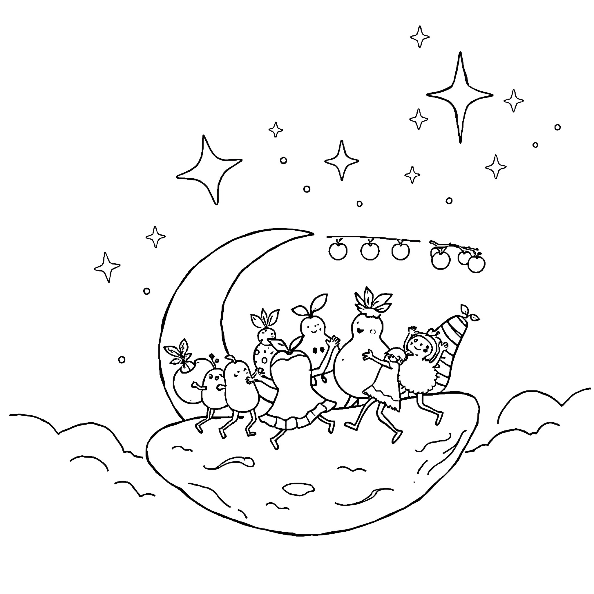 Fruit friends dancing under the starry night Coloring Page (free black-and-white line drawing printable PDF for all, from beginners to advanced learners, including children, teens, adults, and seniors)