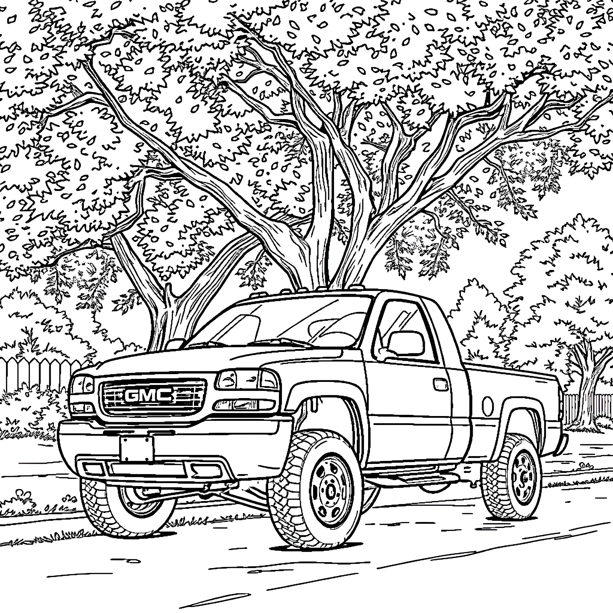 Truck parked in scenic forest landscape Coloring Page (free black-and-white line drawing printable PDF for all, from beginners to advanced learners, including children, teens, adults, and seniors)