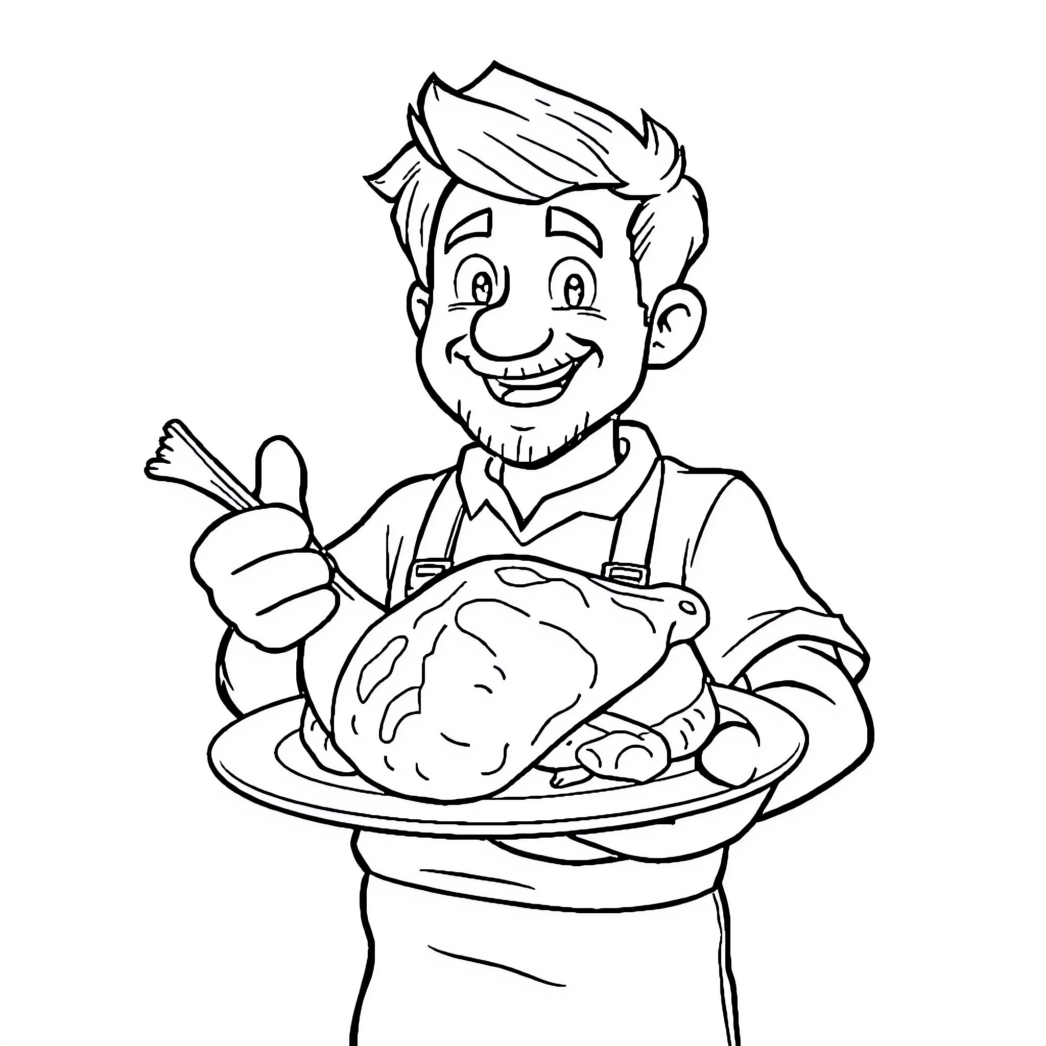 Steve serving a delicious roasted meal Coloring Page (free black-and-white line drawing printable PDF for all, from beginners to advanced learners, including children, teens, adults, and seniors)