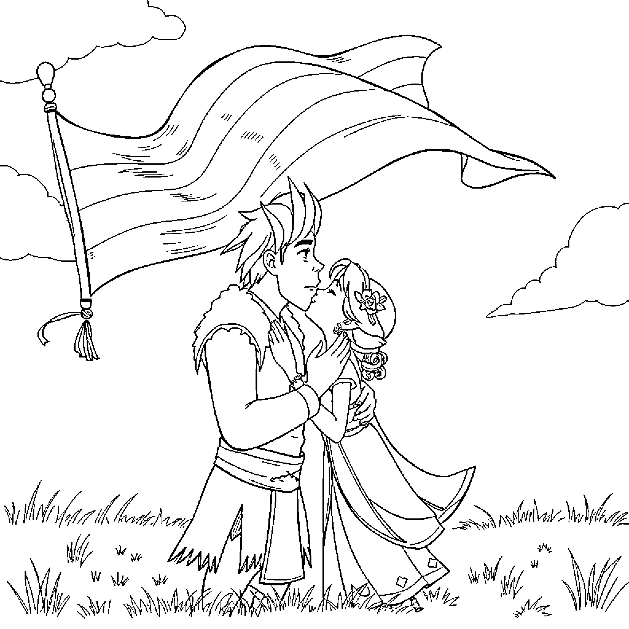 Kristoff and Anna embrace under a waving flag Coloring Page (free black-and-white line drawing printable PDF for all, from beginners to advanced learners, including children, teens, adults, and seniors)