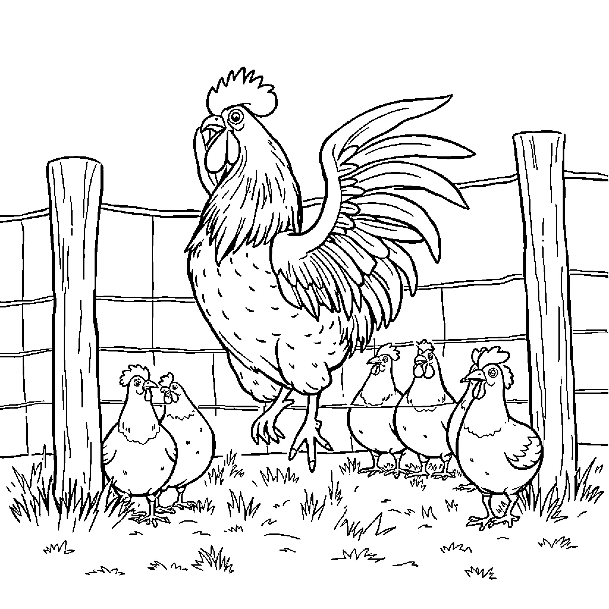 Rooster leading its flock in the farmyard Coloring Page (free black-and-white line drawing printable PDF for all, from beginners to advanced learners, including children, teens, adults, and seniors)