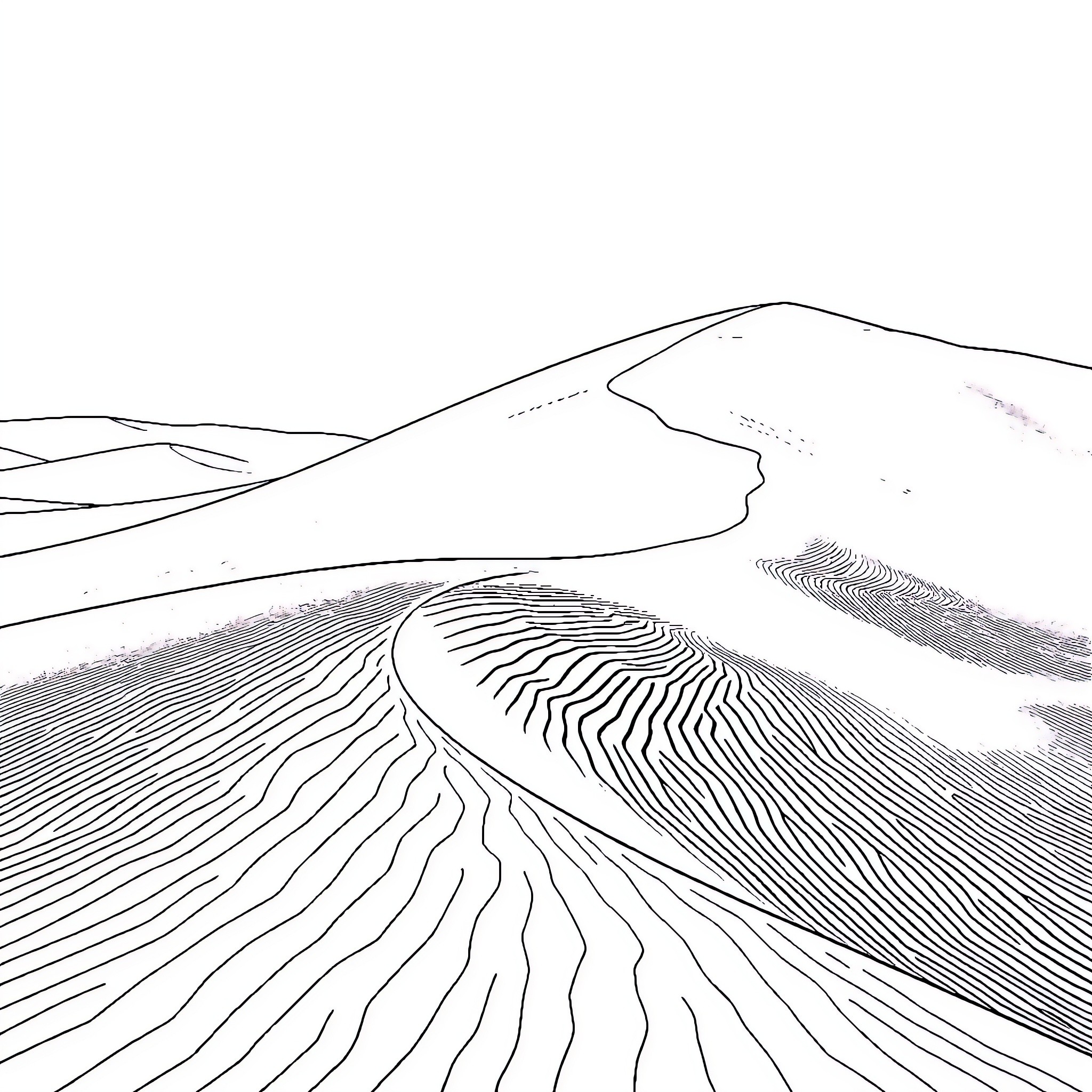 Dune Landscape with Undulating Terrain Coloring Page (free black-and-white line drawing printable PDF for all, from beginners to advanced learners, including children, teens, adults, and seniors)