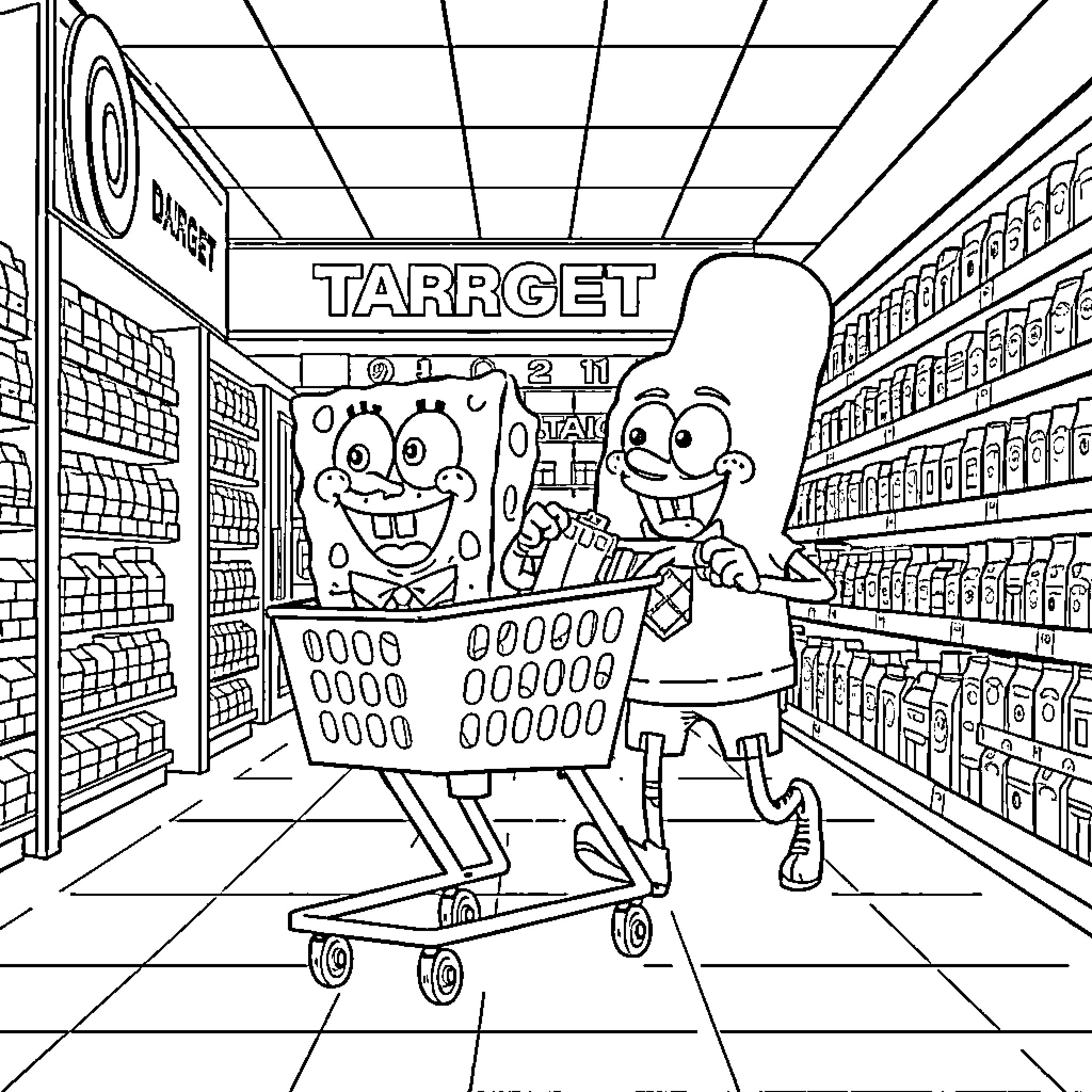Spongebob and Patrick Shopping Happily at Tarrgect Coloring Page (free black-and-white line drawing printable PDF for all, from beginners to advanced learners, including children, teens, adults, and seniors)