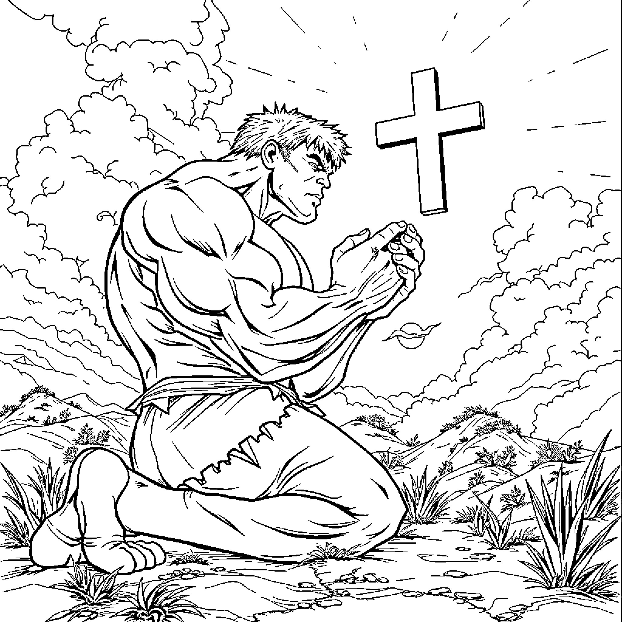 Hulk Prays Earnestly Before the Cross Coloring Page (free black-and-white line drawing printable PDF for all, from beginners to advanced learners, including children, teens, adults, and seniors)