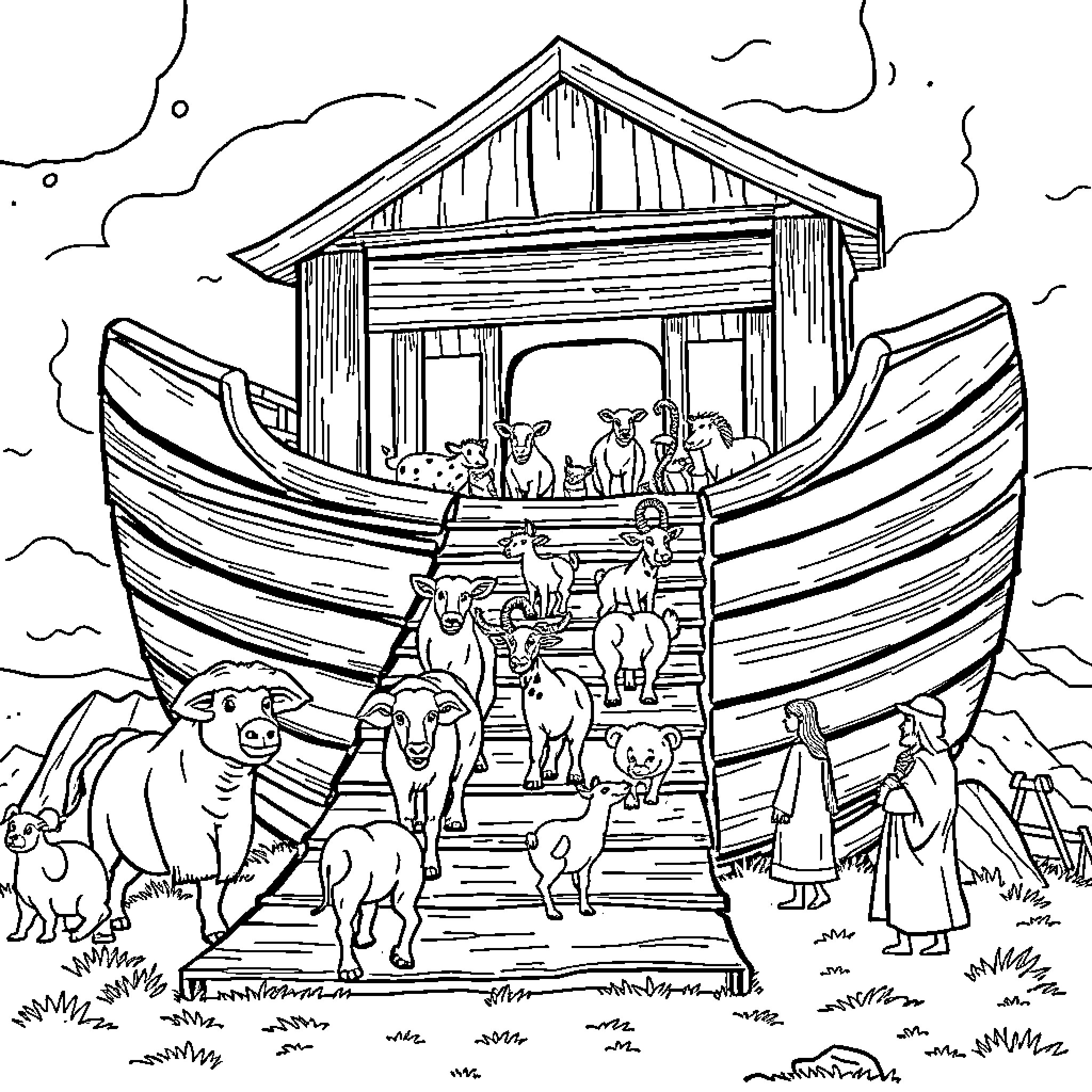 Noah's Ark with Animals Entering Coloring Page (free black-and-white line drawing printable PDF for all, from beginners to advanced learners, including children, teens, adults, and seniors)