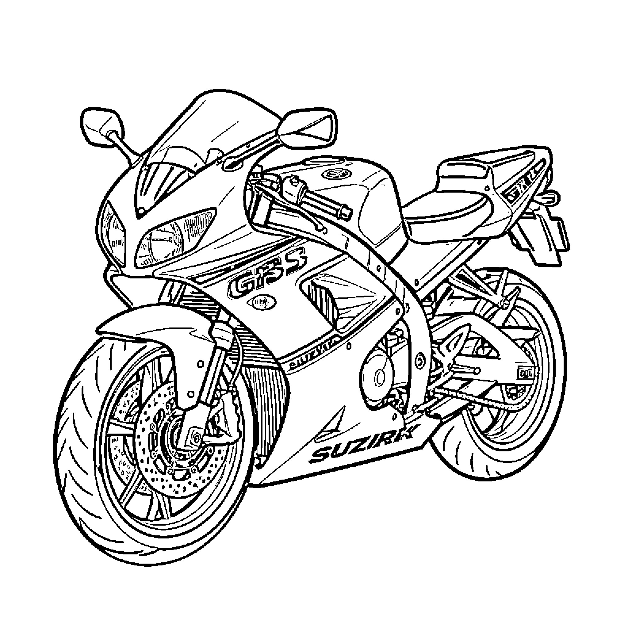 Suzuki GSXR 750 sports motorcycle in motion Coloring Page (free black-and-white line drawing printable PDF for all, from beginners to advanced learners, including children, teens, adults, and seniors)
