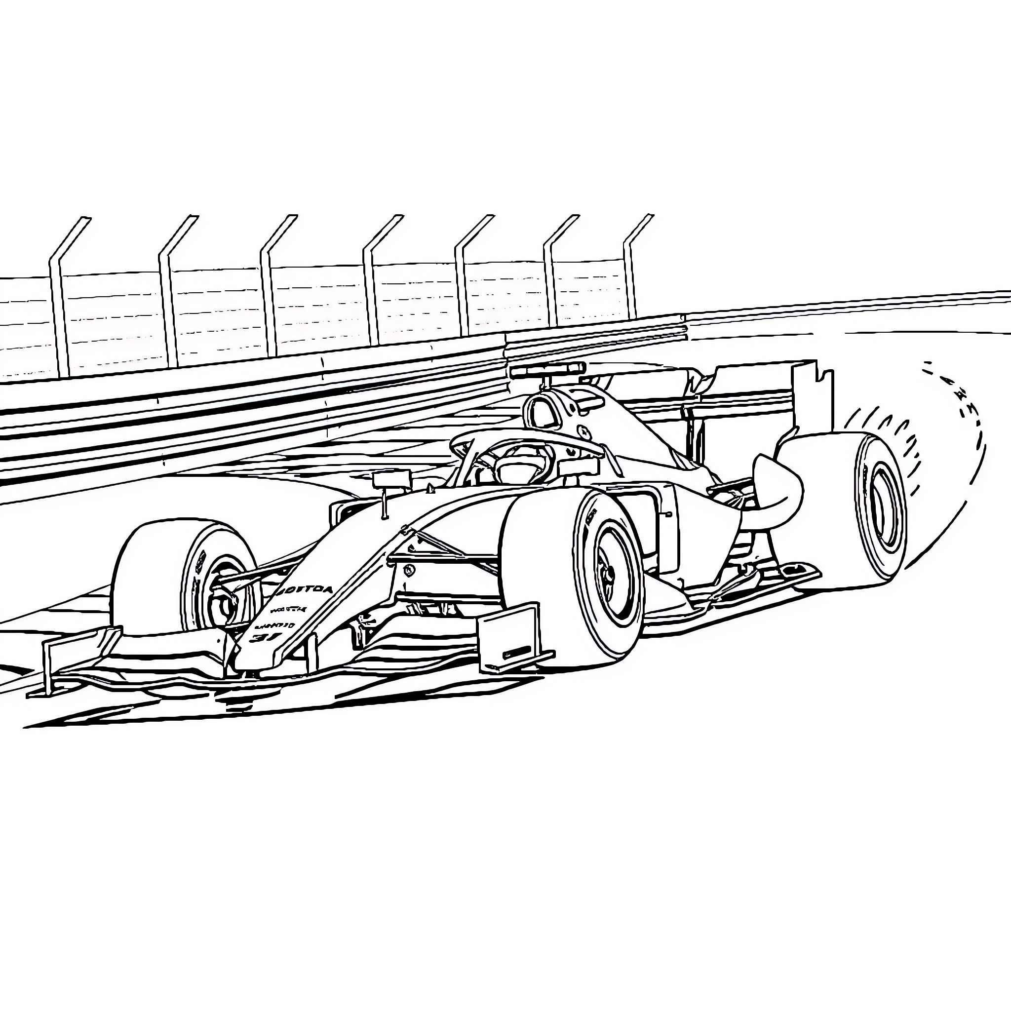 Formula 1 Car racing on the track Coloring Page (free black-and-white line drawing printable PDF for all, from beginners to advanced learners, including children, teens, adults, and seniors)