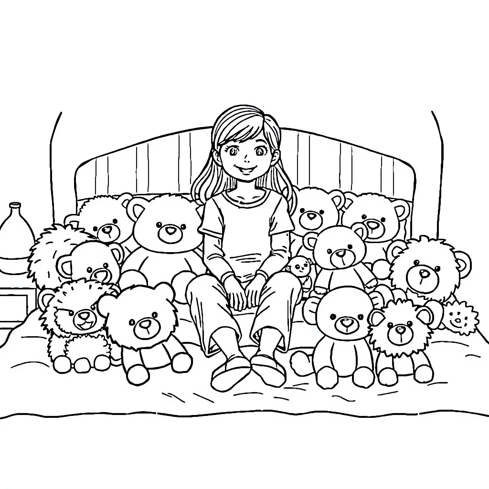 Girl surrounded by a group of stuffed bears Coloring Page (free black-and-white line drawing printable PDF for all, from beginners to advanced learners, including children, teens, adults, and seniors)