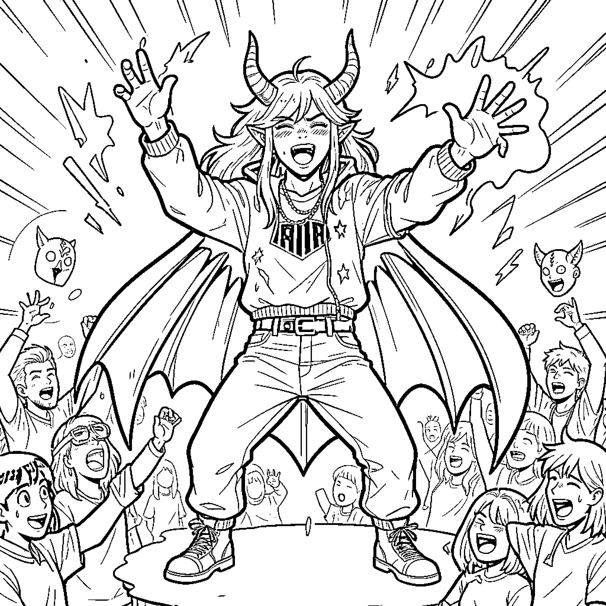 Demon character celebrating joyfully with a cheering crowd Coloring Page (free black-and-white line drawing printable PDF for all, from beginners to advanced learners, including children, teens, adults, and seniors)