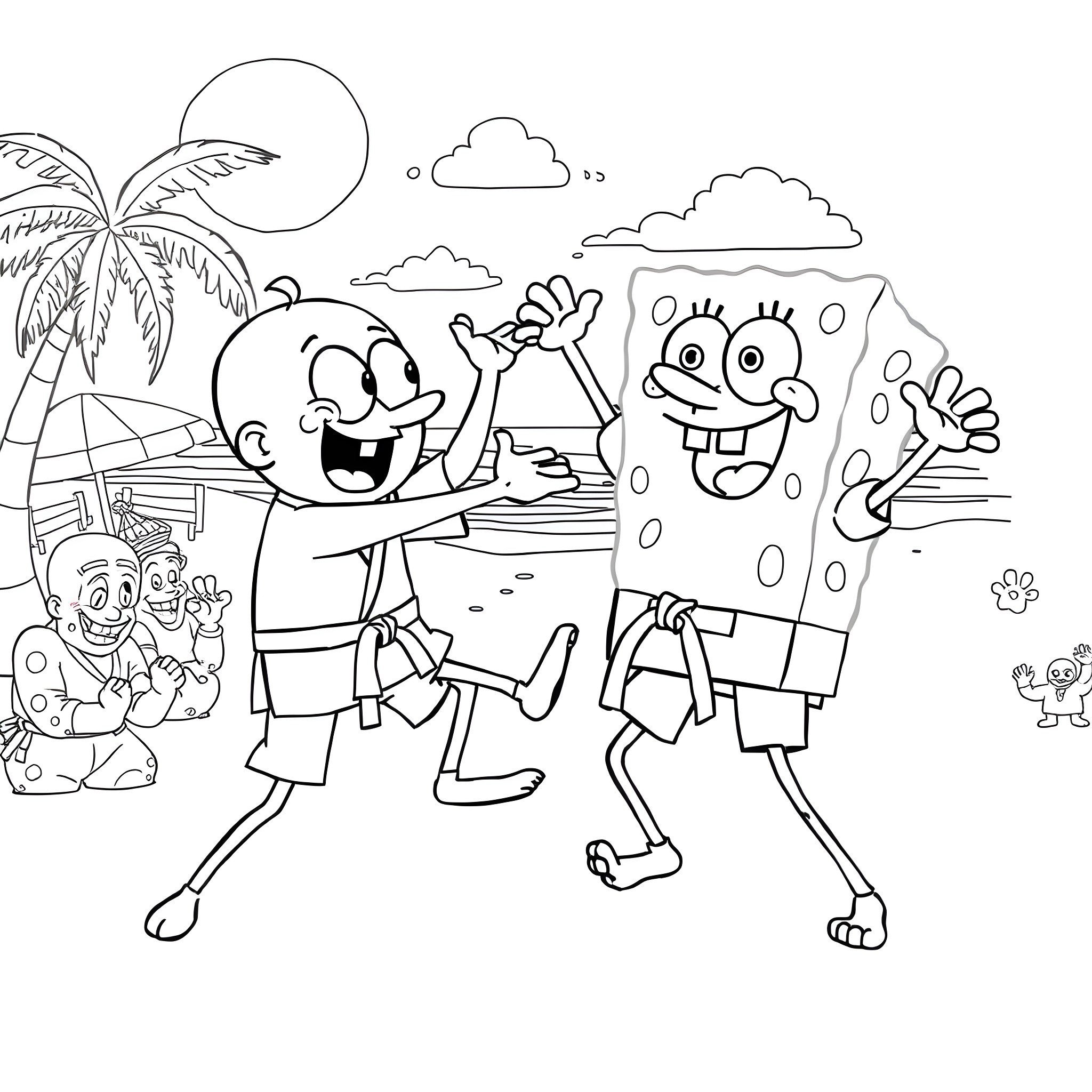 Bluey and friends having fun at the beach Coloring Page (free black-and-white line drawing printable PDF for all, from beginners to advanced learners, including children, teens, adults, and seniors)
