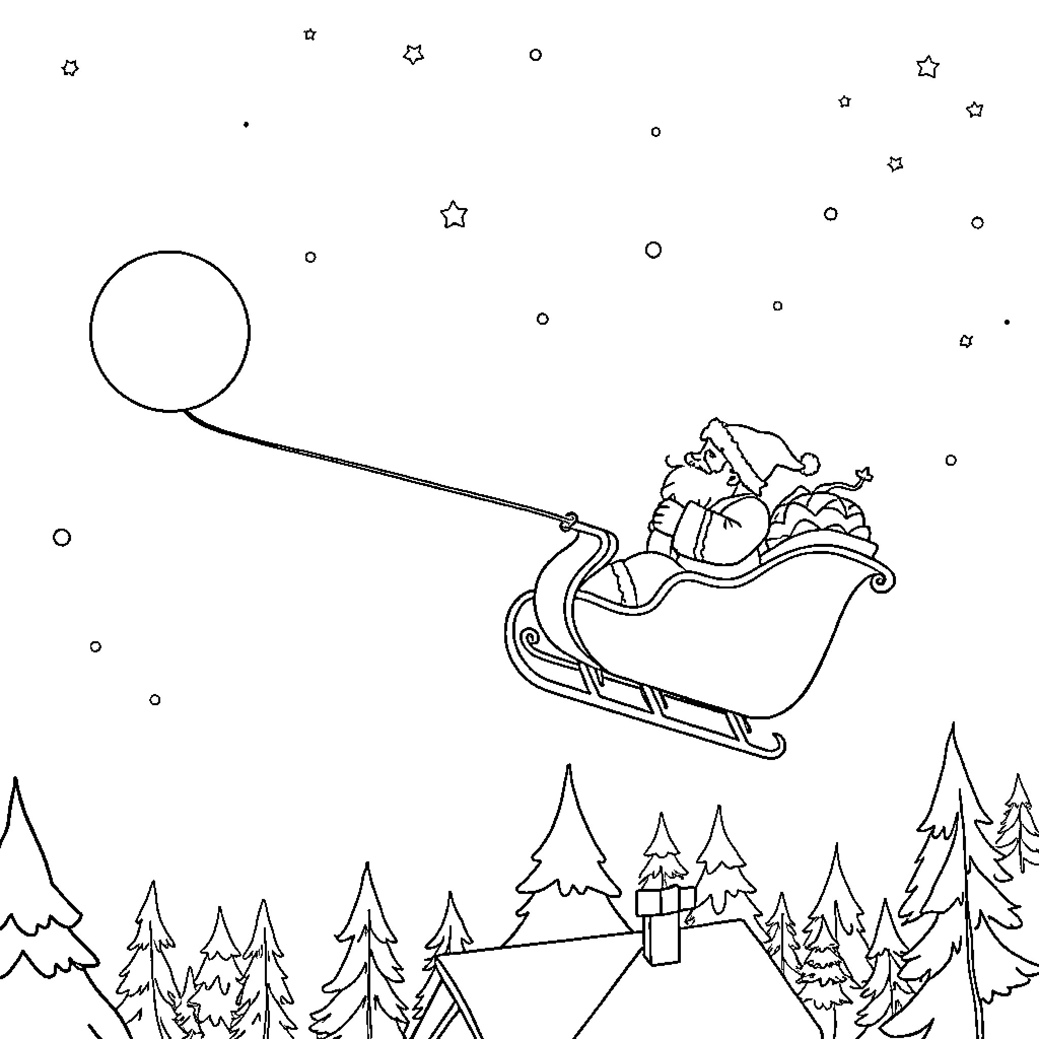 Père Noël's sleigh soaring over the snowy landscape Coloring Page (free black-and-white line drawing printable PDF for all, from beginners to advanced learners, including children, teens, adults, and seniors)