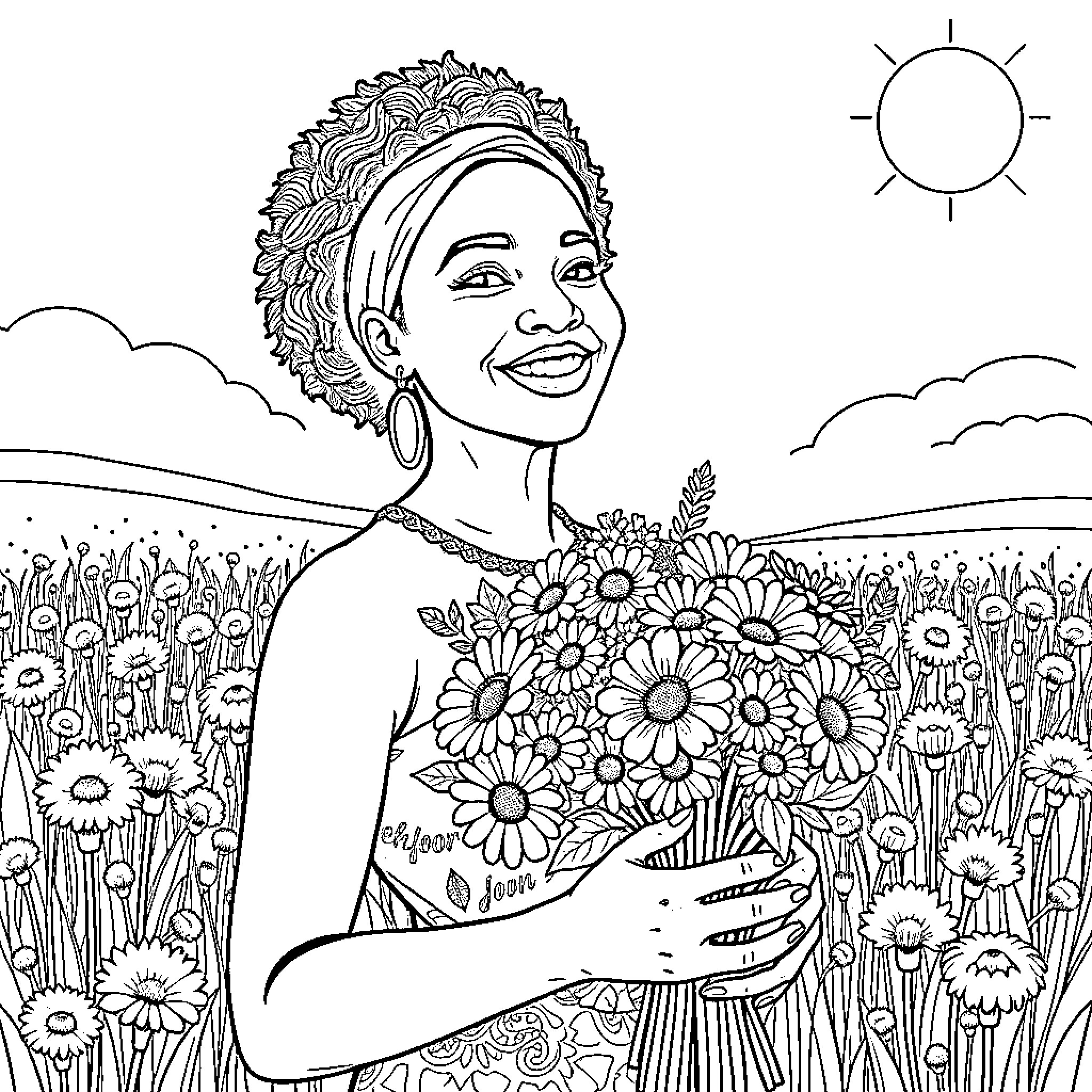 Woman enjoying a sunny day in a field of flowers Coloring Page (free black-and-white line drawing printable PDF for all, from beginners to advanced learners, including children, teens, adults, and seniors)