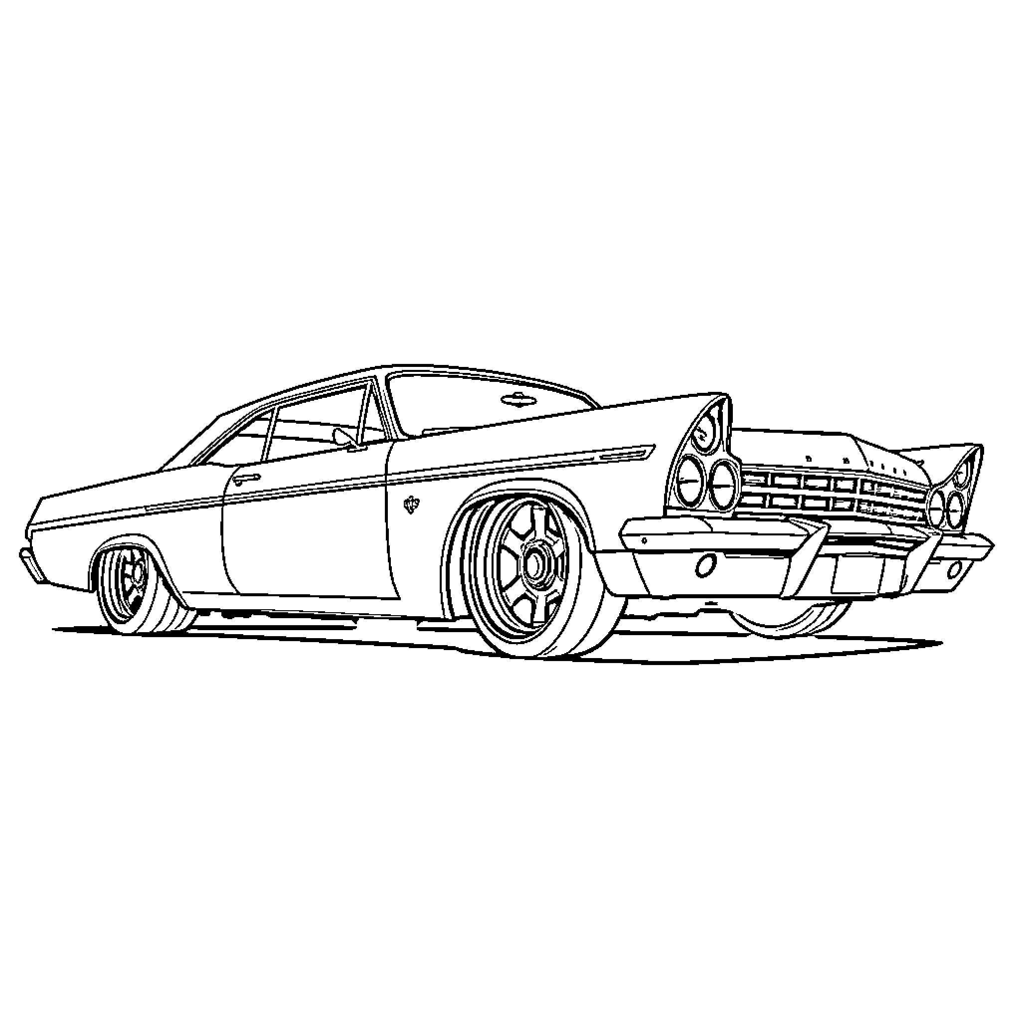 Lowrider with customized features on display Coloring Page (free black-and-white line drawing printable PDF for all, from beginners to advanced learners, including children, teens, adults, and seniors)