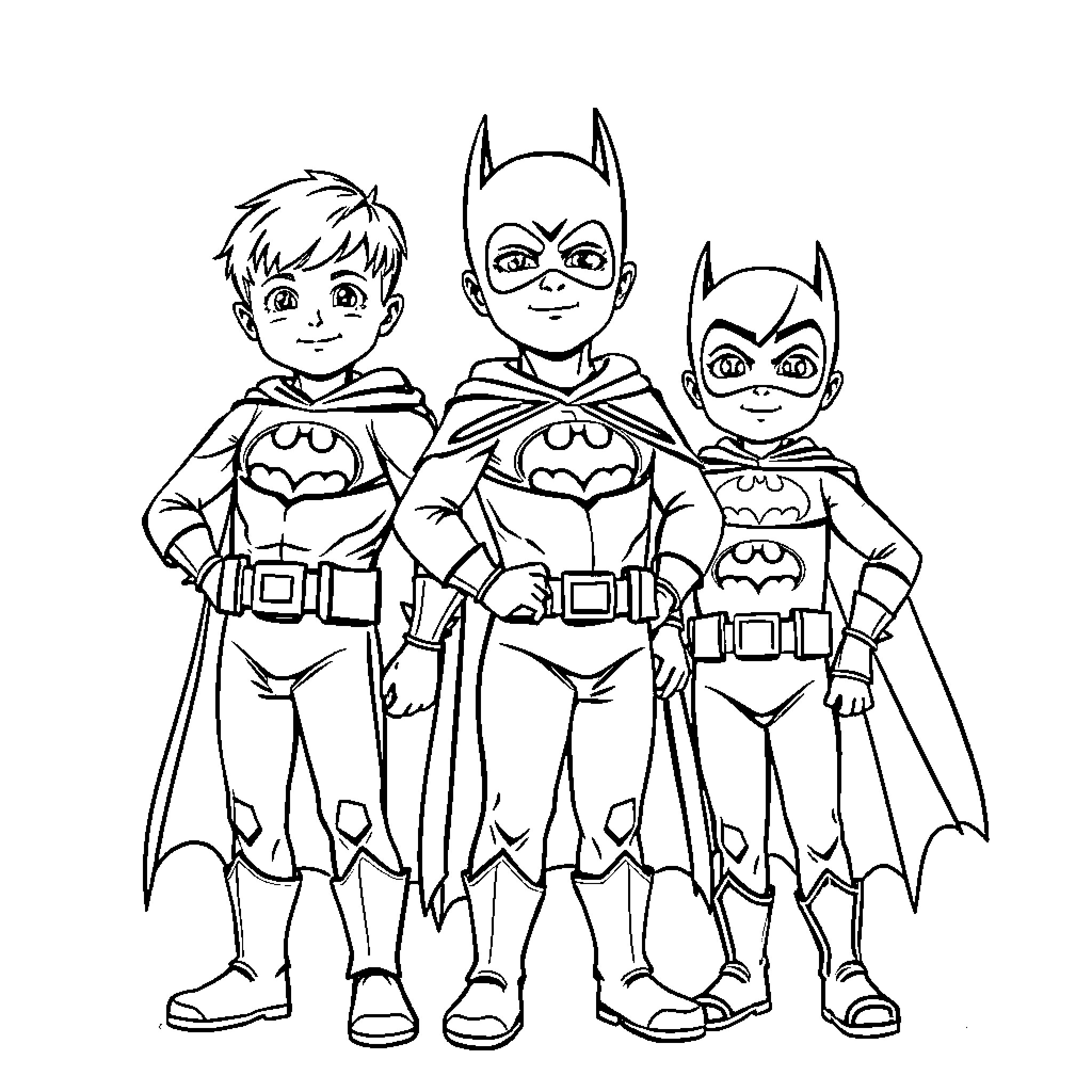 Boys in Batman costumes posing together Coloring Page (free black-and-white line drawing printable PDF for all, from beginners to advanced learners, including children, teens, adults, and seniors)