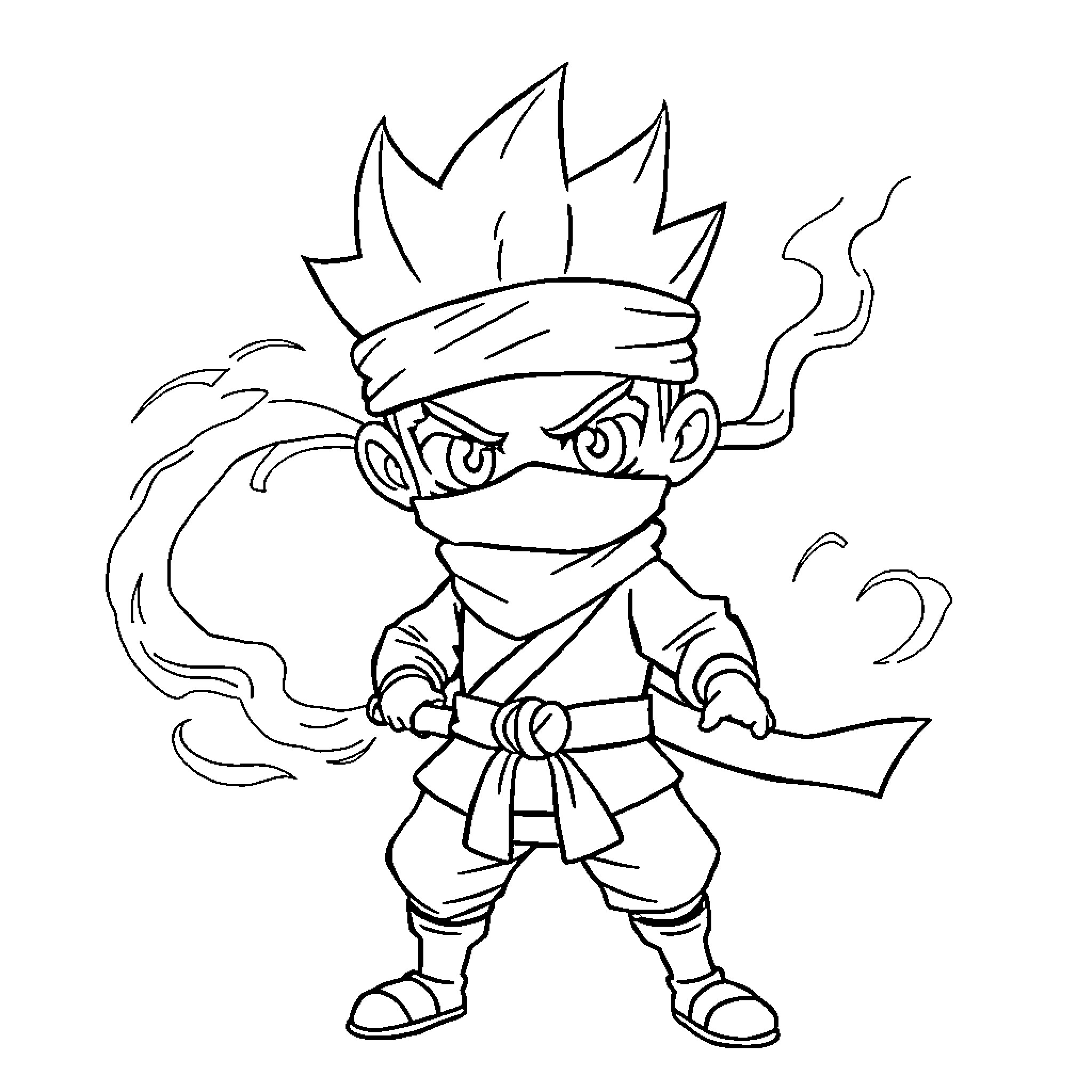 Ninja warrior in fighting stance with raised fist Coloring Page (free black-and-white line drawing printable PDF for all, from beginners to advanced learners, including children, teens, adults, and seniors)