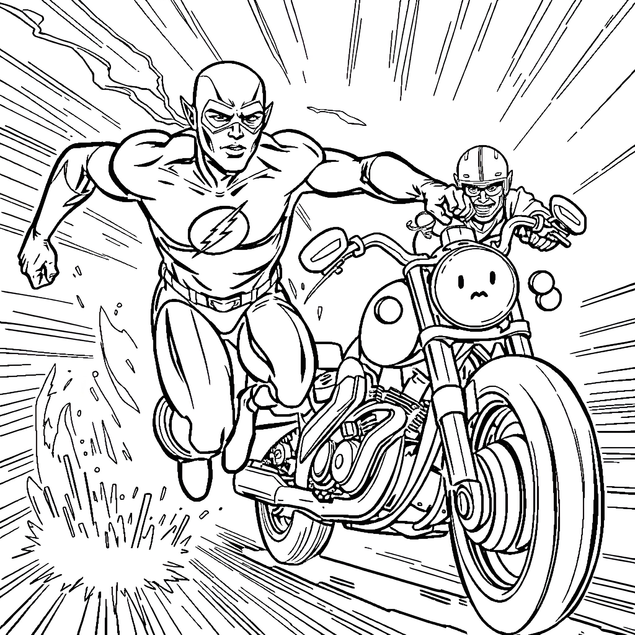 Flash Superhero Races on Motorcycle Coloring Page (free black-and-white line drawing printable PDF for all, from beginners to advanced learners, including children, teens, adults, and seniors)