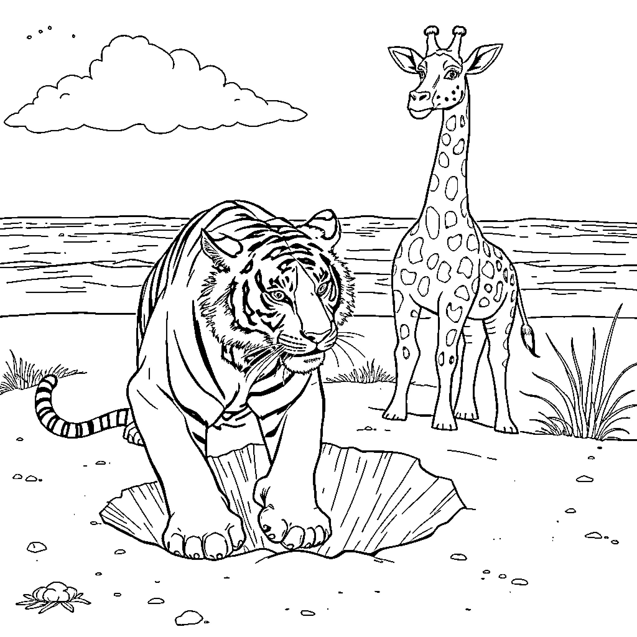 Tiger and giraffe together in the wild Coloring Page (free black-and-white line drawing printable PDF for all, from beginners to advanced learners, including children, teens, adults, and seniors)