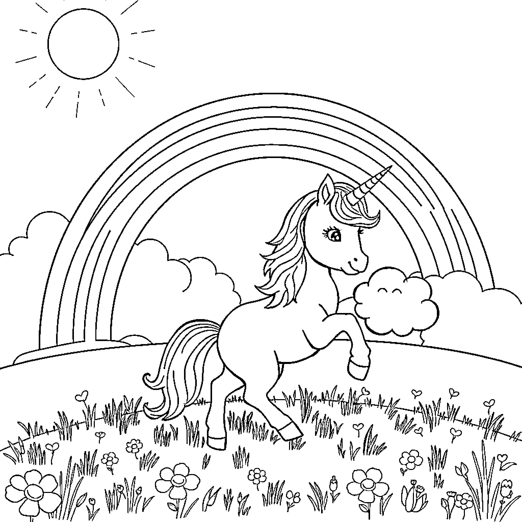 Unicorn frolicking in a flower-filled meadow under a rainbow Coloring Page (free black-and-white line drawing printable PDF for all, from beginners to advanced learners, including children, teens, adults, and seniors)