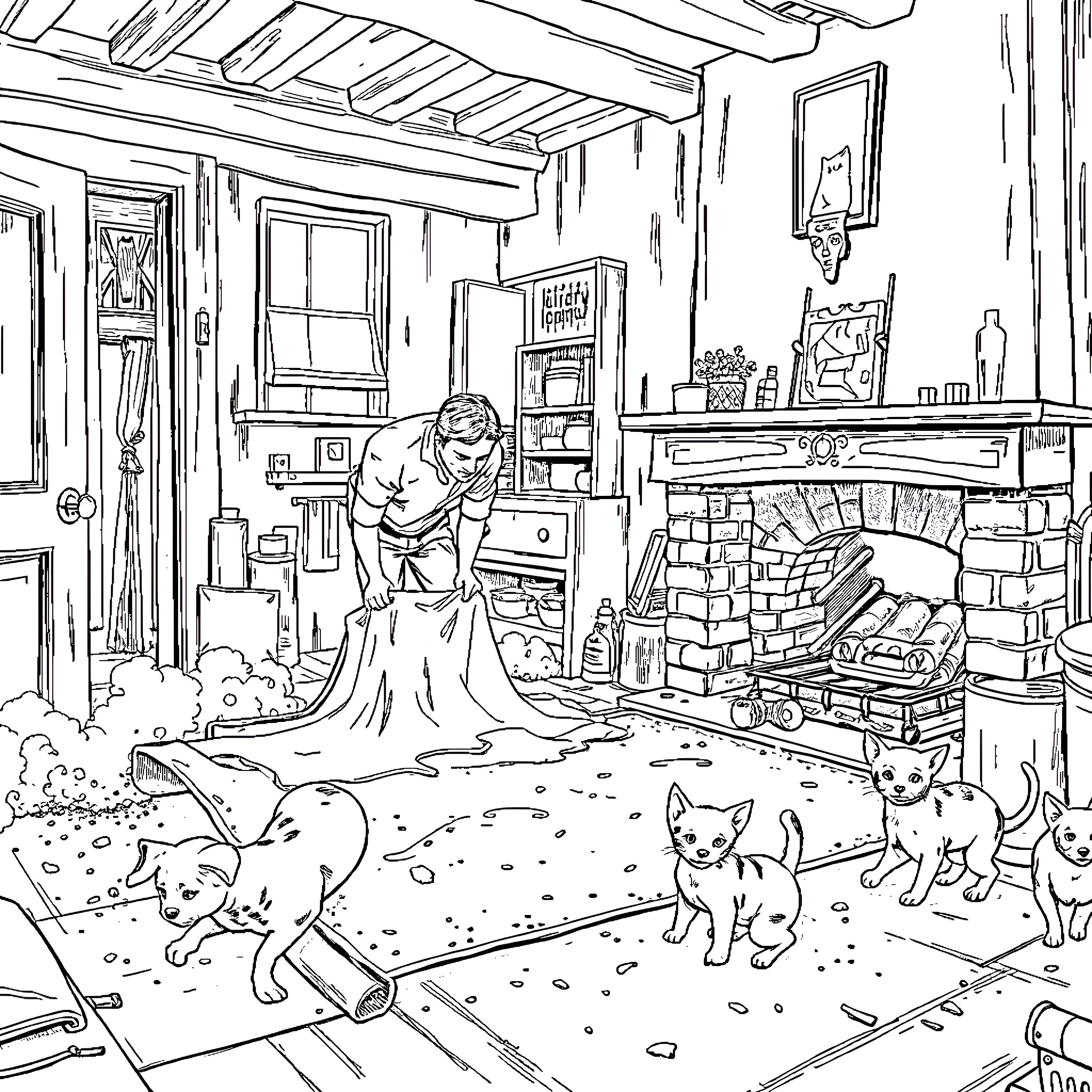 Man tidying messy room with pets Coloring Page (free black-and-white line drawing printable PDF for all, from beginners to advanced learners, including children, teens, adults, and seniors)