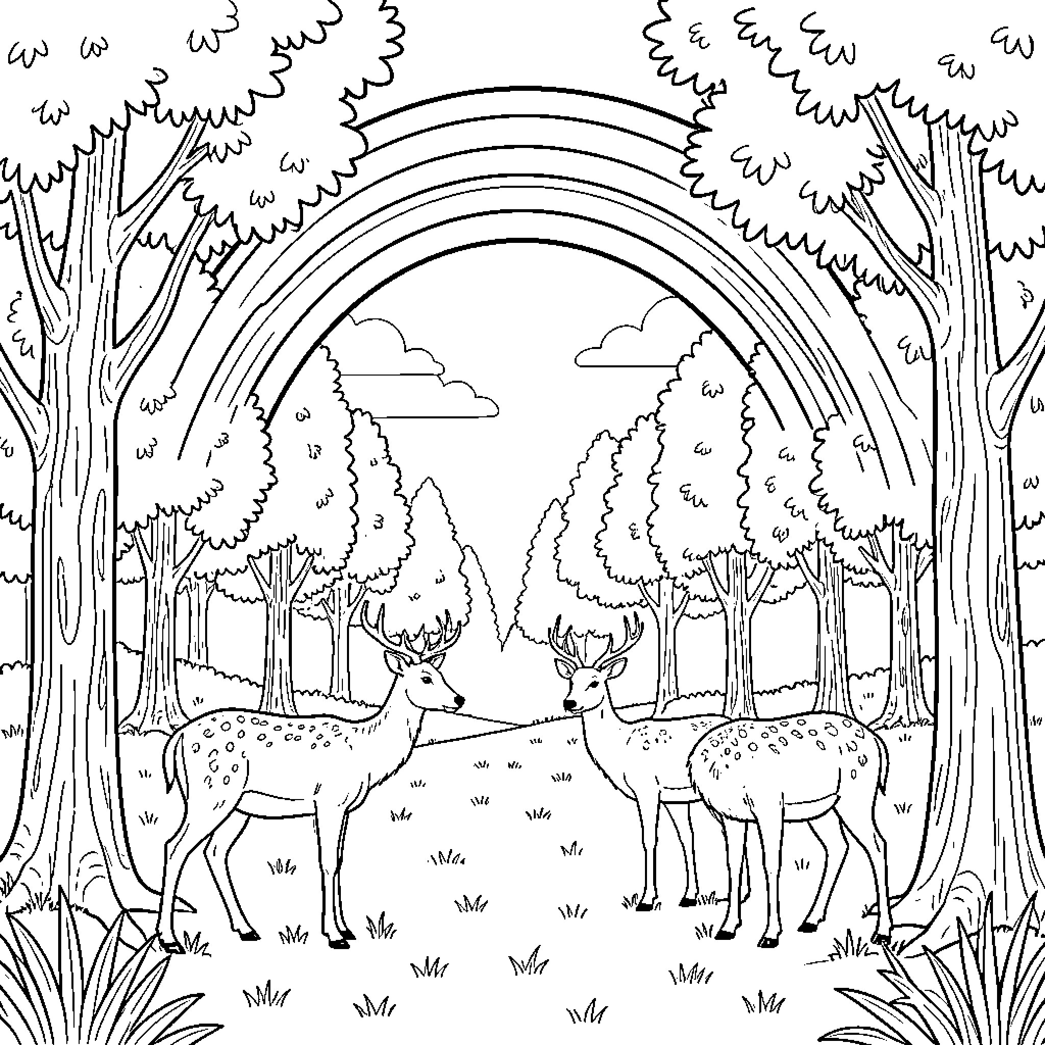 Biche standing together under a rainbow in the forest Coloring Page (free black-and-white line drawing printable PDF for all, from beginners to advanced learners, including children, teens, adults, and seniors)