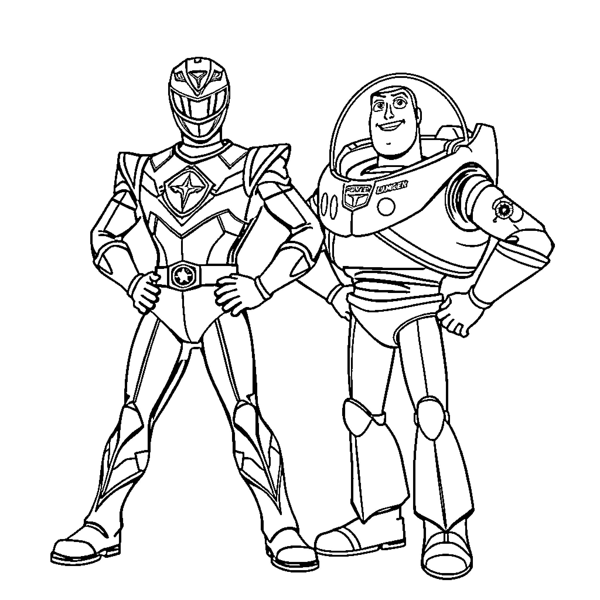 Power Rangers and Space Ranger in Action Coloring Page (free black-and-white line drawing printable PDF for all, from beginners to advanced learners, including children, teens, adults, and seniors)