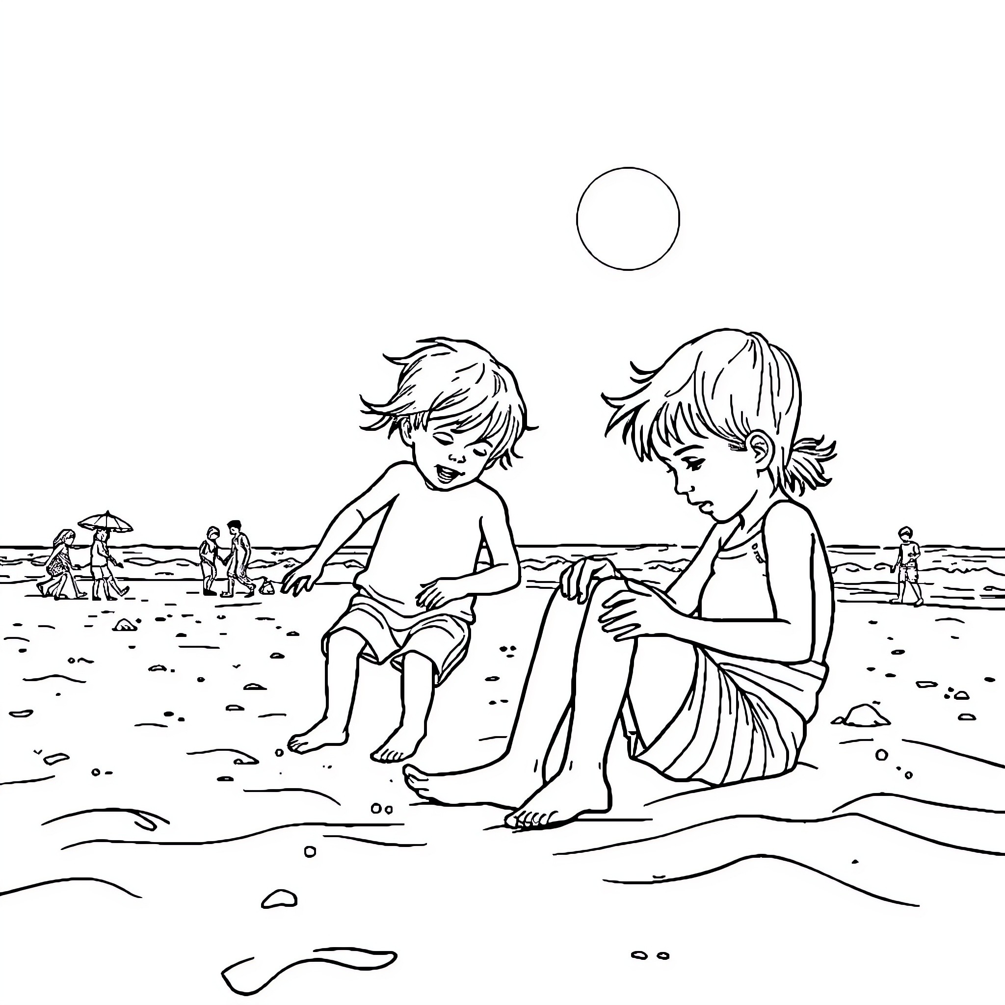 Child playing on the beach with friend Coloring Page (free black-and-white line drawing printable PDF for all, from beginners to advanced learners, including children, teens, adults, and seniors)