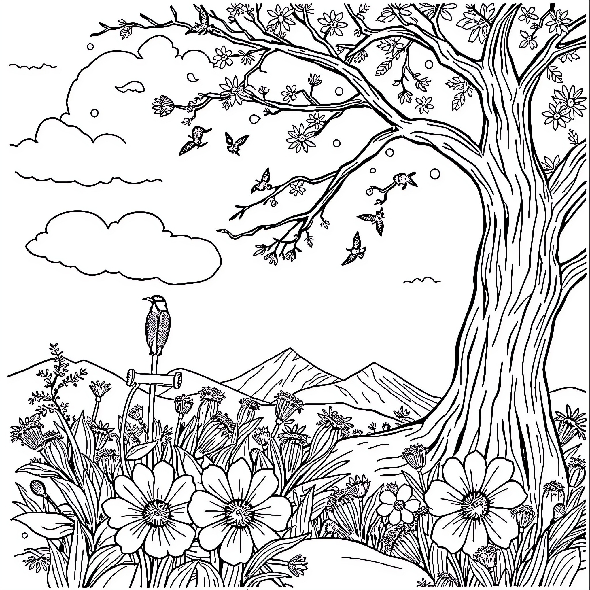 Email Nature's Serene Garden Scene Coloring Page (free black-and-white line drawing printable PDF for all, from beginners to advanced learners, including children, teens, adults, and seniors)