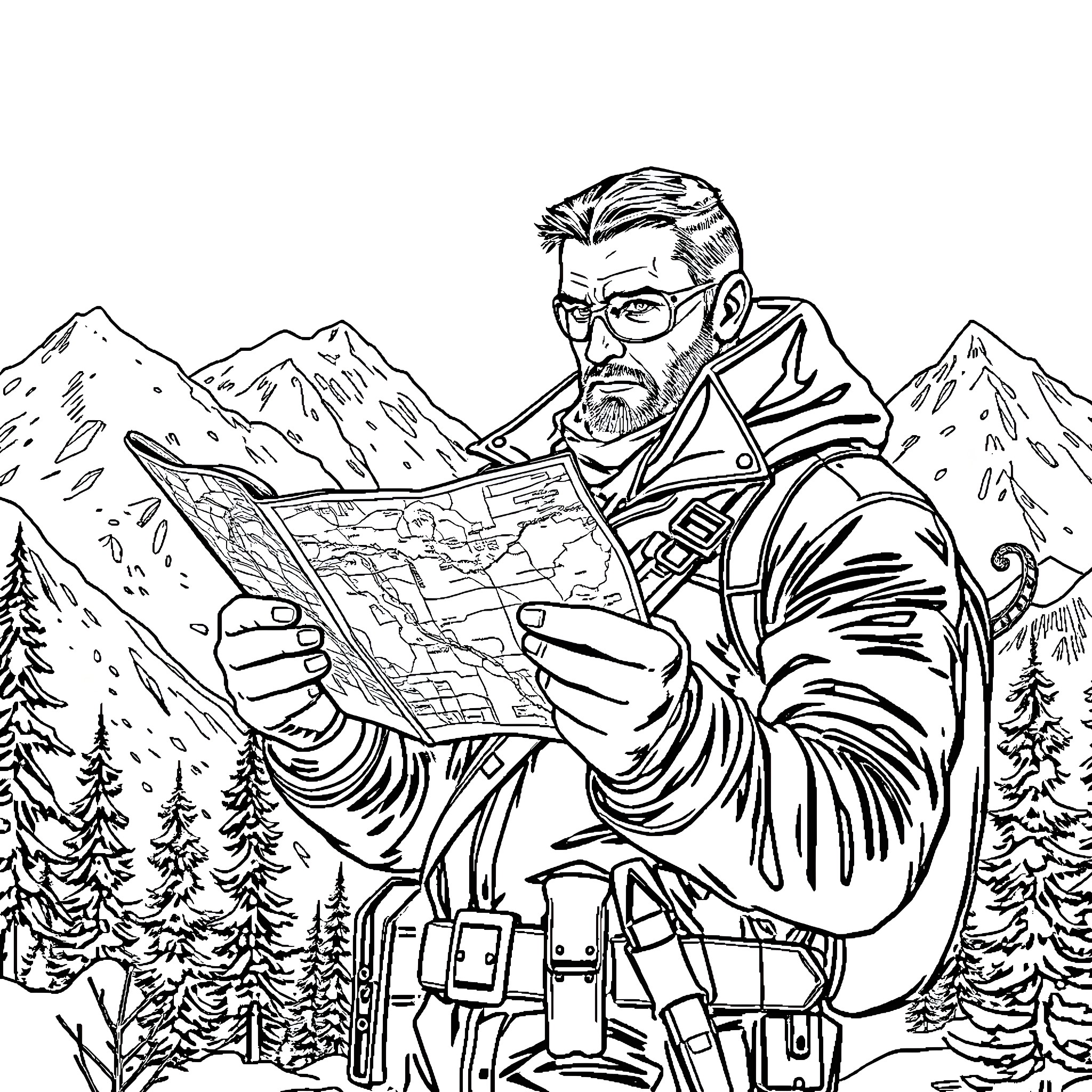 Winter Soldier Studying Map in Snowy Mountains Coloring Page (free black-and-white line drawing printable PDF for all, from beginners to advanced learners, including children, teens, adults, and seniors)