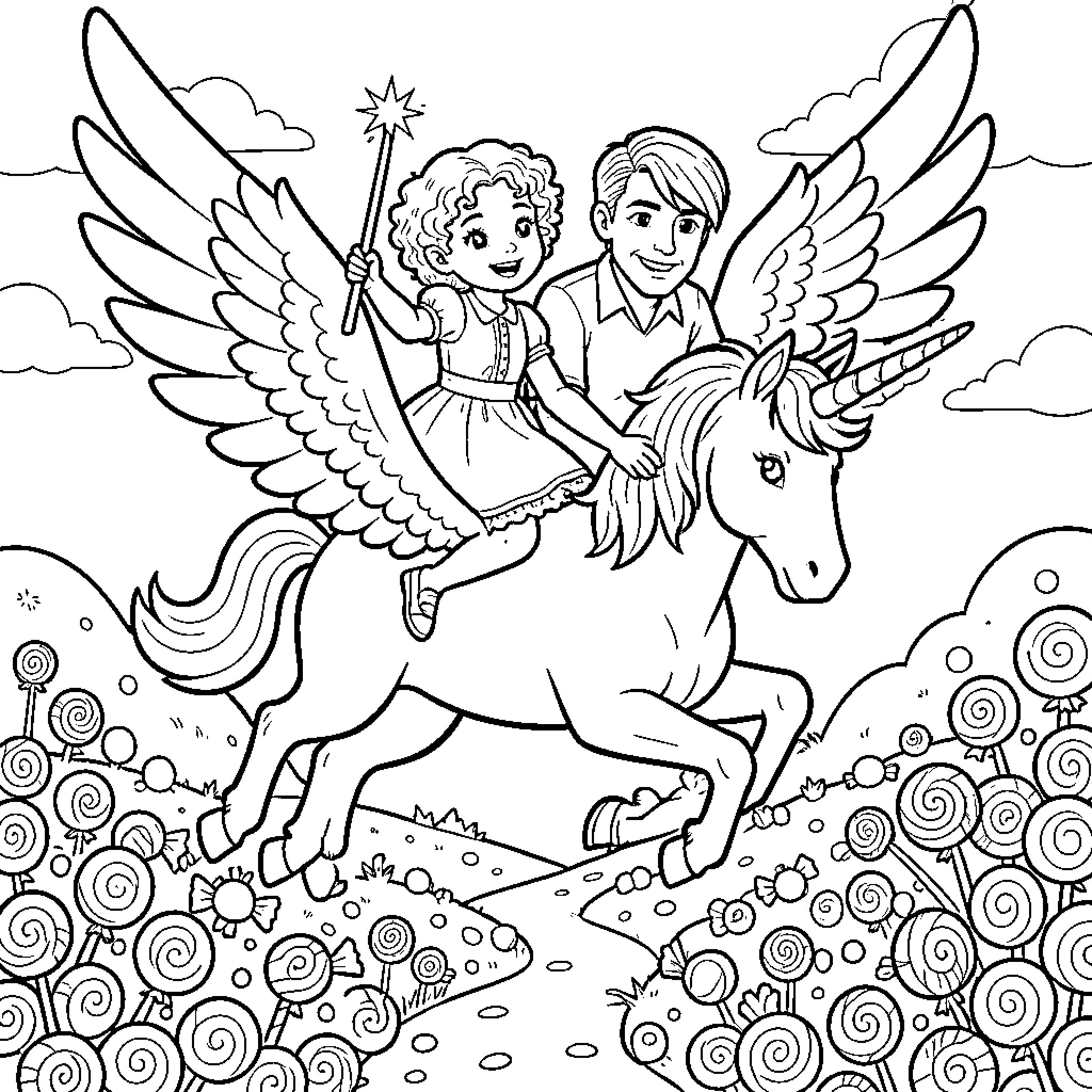 Little Girl riding a winged unicorn with a boy Coloring Page (free black-and-white line drawing printable PDF for all, from beginners to advanced learners, including children, teens, adults, and seniors)