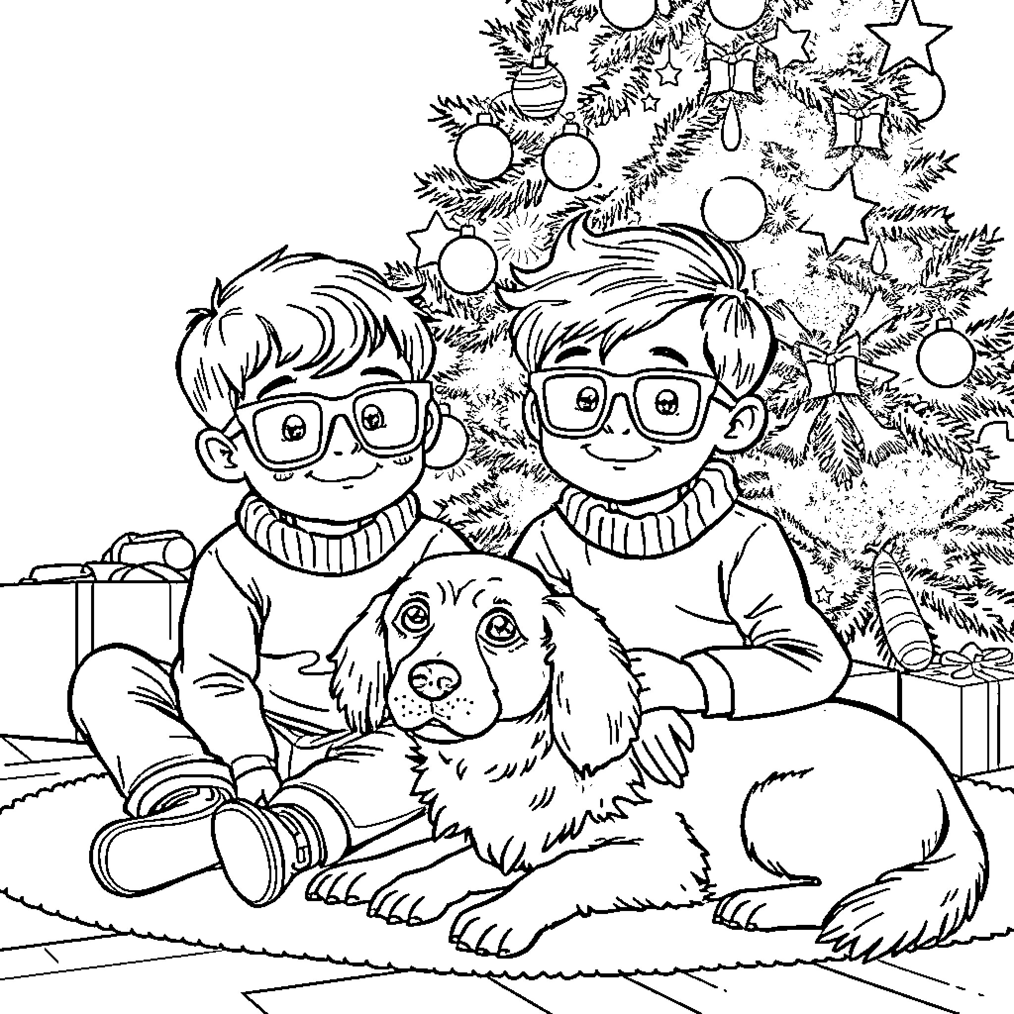 Boy and his friend sit near Christmas tree with pet dog Coloring Page (free black-and-white line drawing printable PDF for all, from beginners to advanced learners, including children, teens, adults, and seniors)