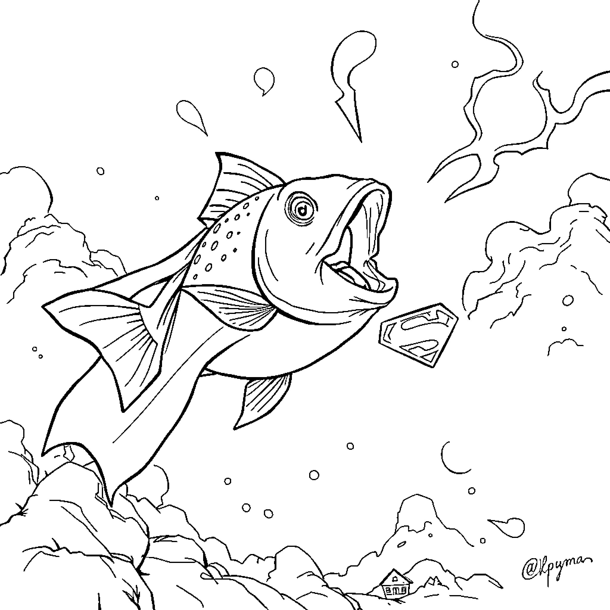 Fish swimming with mysterious object Coloring Page (free black-and-white line drawing printable PDF for all, from beginners to advanced learners, including children, teens, adults, and seniors)