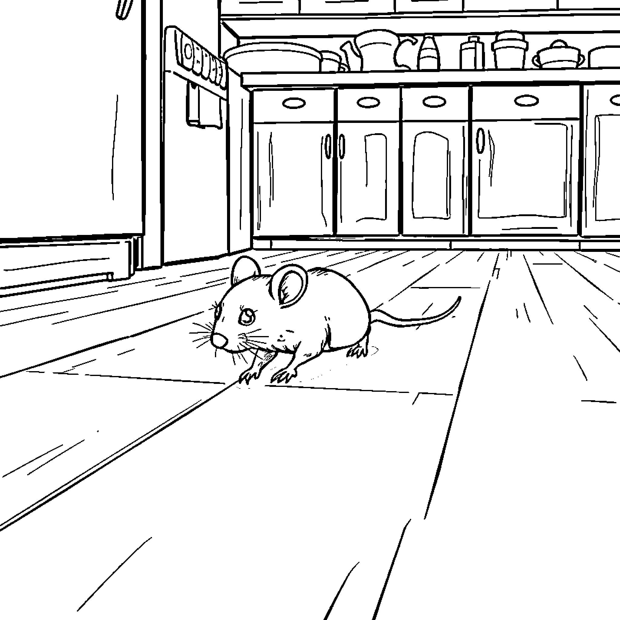 Mouse scurrying across kitchen floor Coloring Page (free black-and-white line drawing printable PDF for all, from beginners to advanced learners, including children, teens, adults, and seniors)