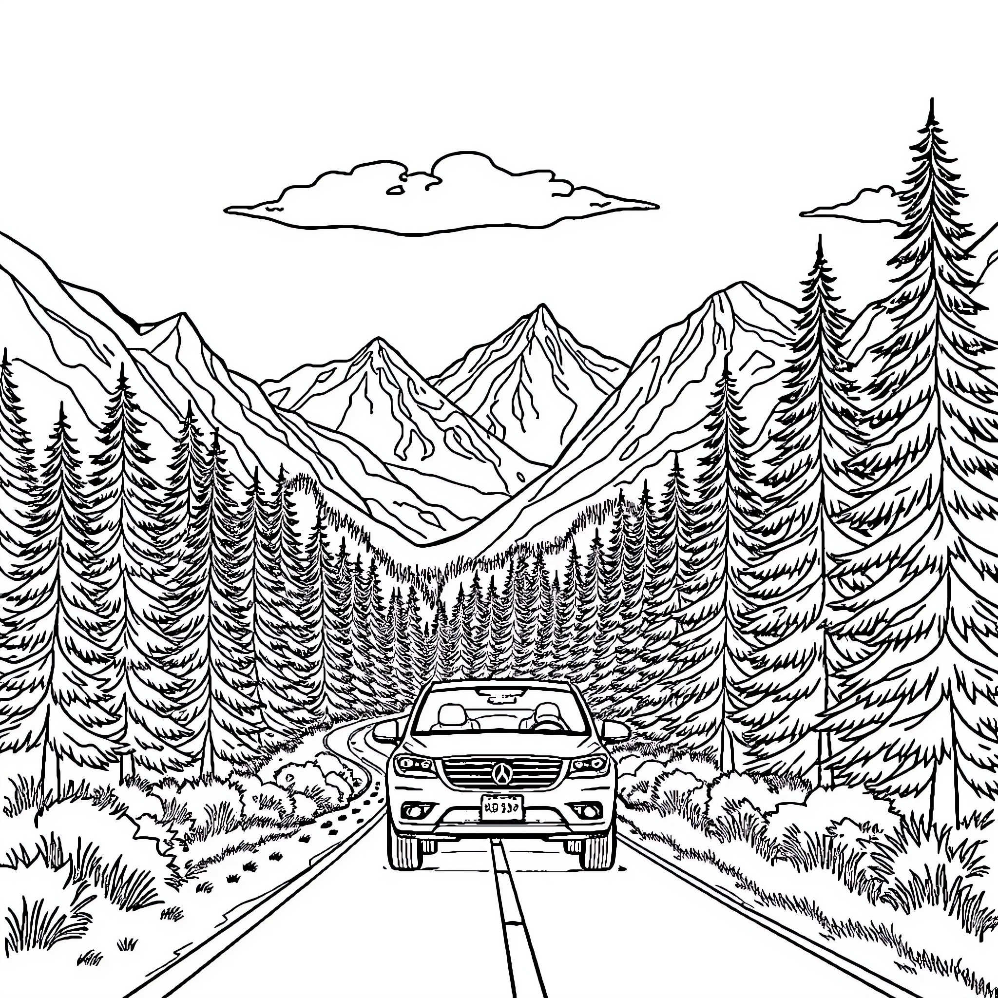 Car traveling through majestic mountain landscape Coloring Page (free black-and-white line drawing printable PDF for all, from beginners to advanced learners, including children, teens, adults, and seniors)