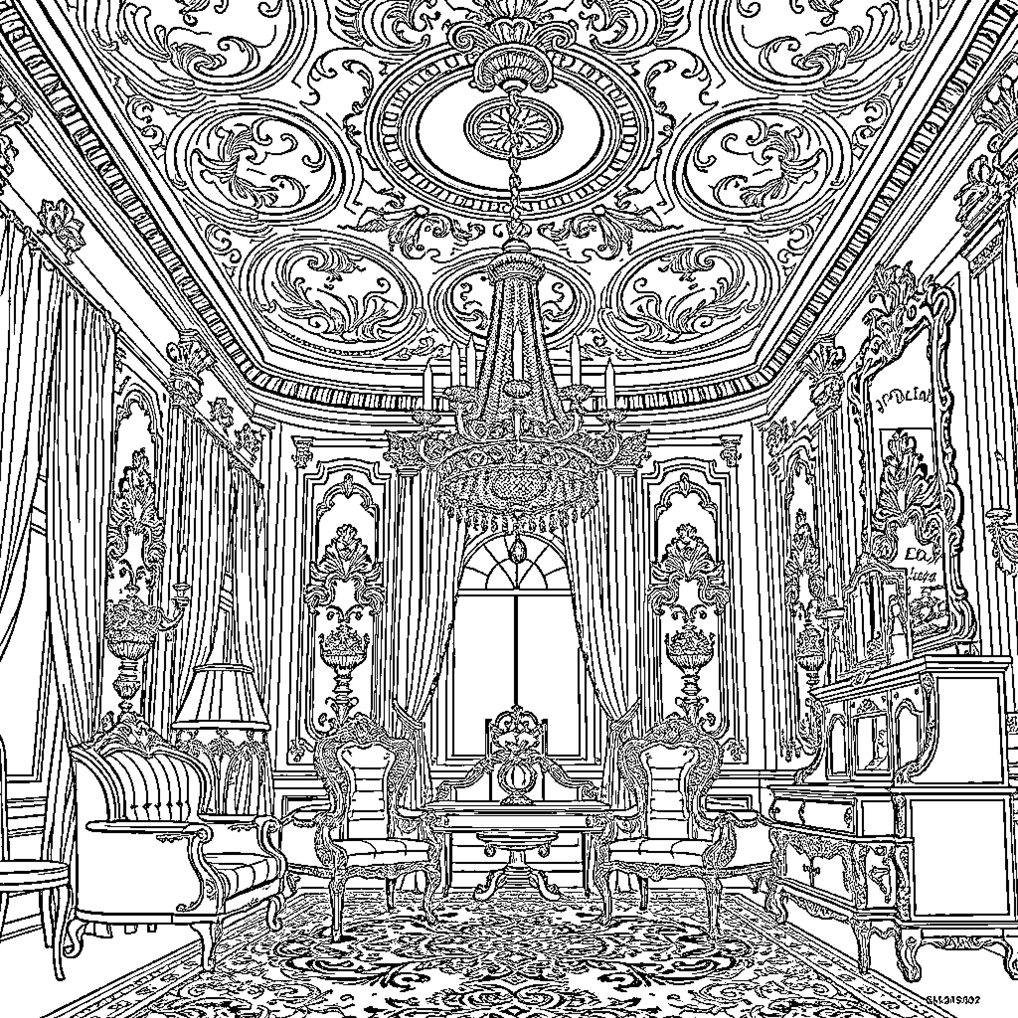 Rococo Elegant Interior with Ornate Furnishings Coloring Page (free black-and-white line drawing printable PDF for all, from beginners to advanced learners, including children, teens, adults, and seniors)
