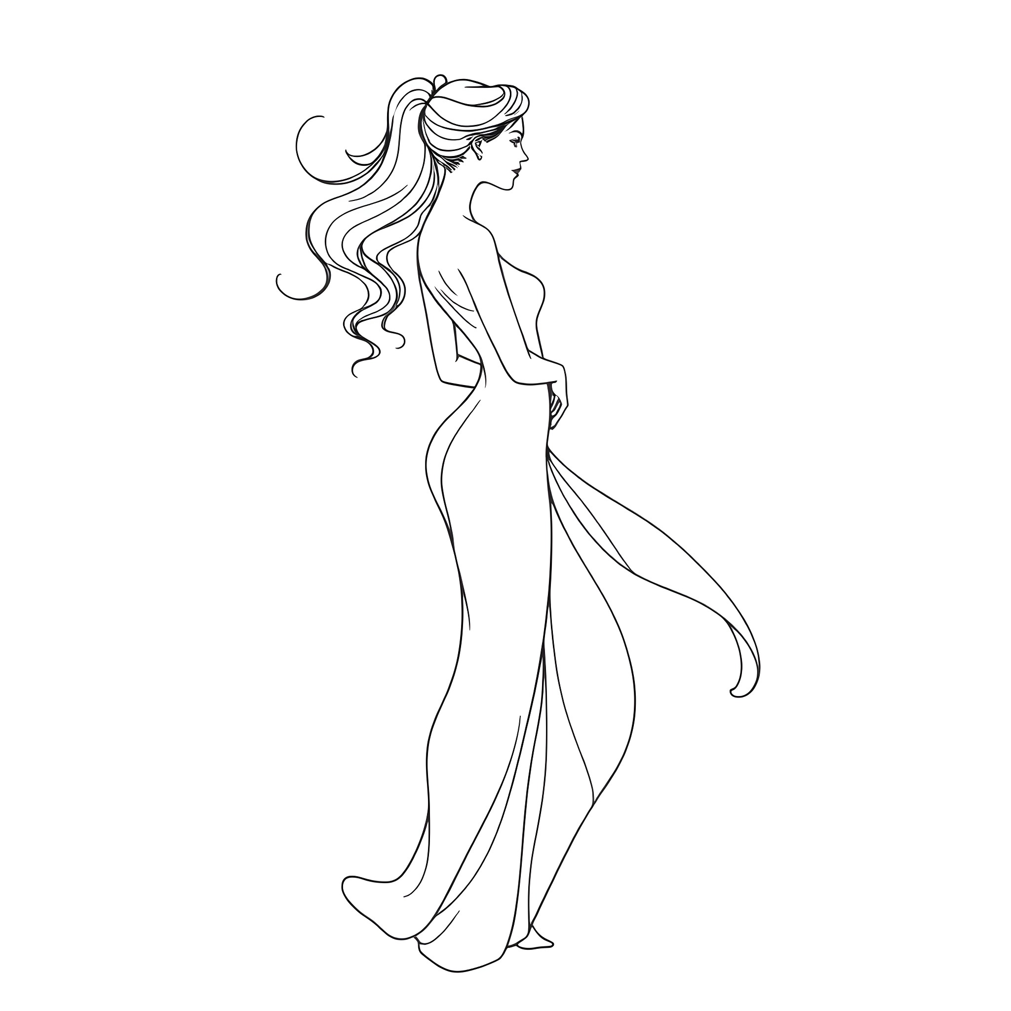 Woman in flowing evening gown Coloring Page (free black-and-white line drawing printable PDF for all, from beginners to advanced learners, including children, teens, adults, and seniors)