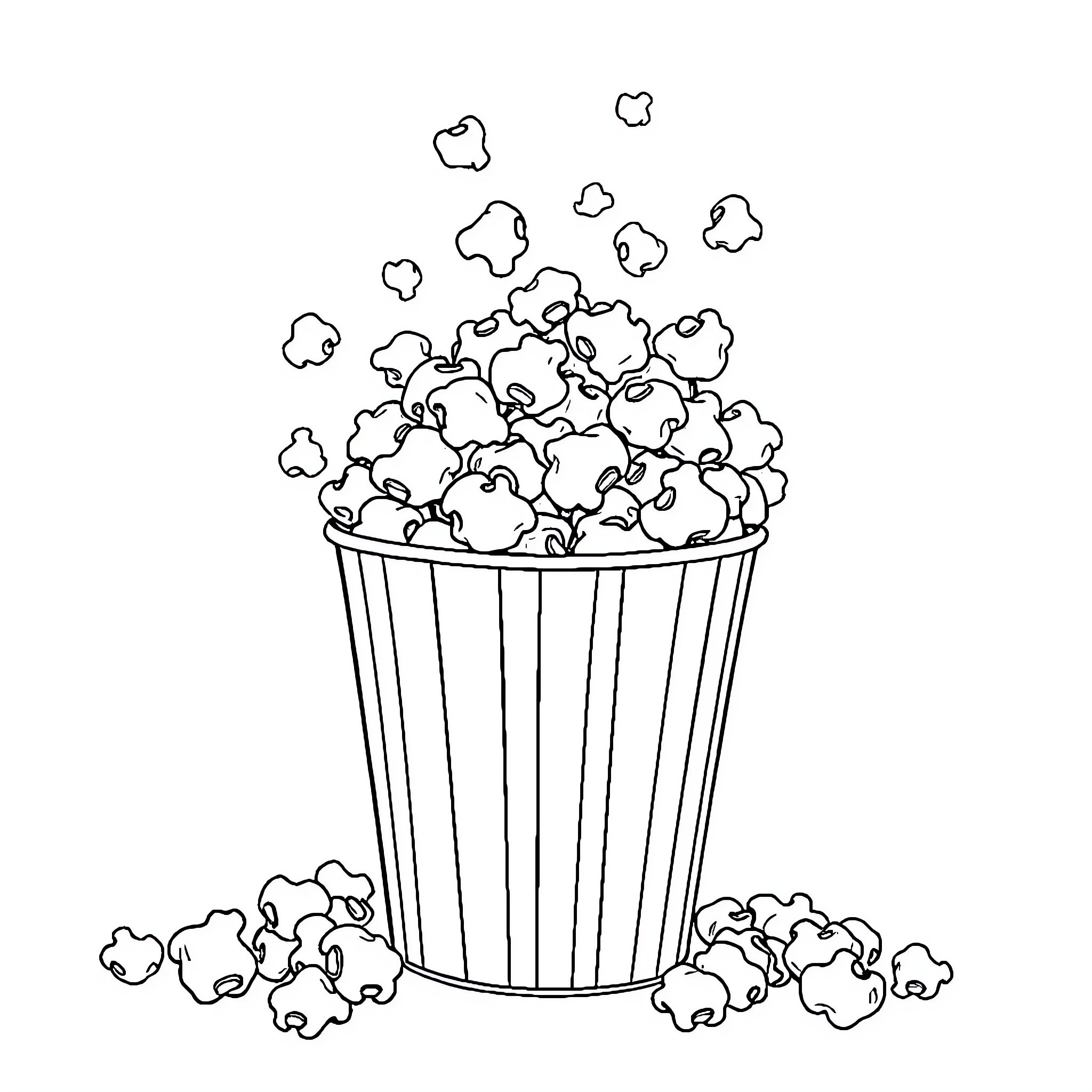 Popcorn Overflowing from Popcorn Bucket Coloring Page (free black-and-white line drawing printable PDF for all, from beginners to advanced learners, including children, teens, adults, and seniors)