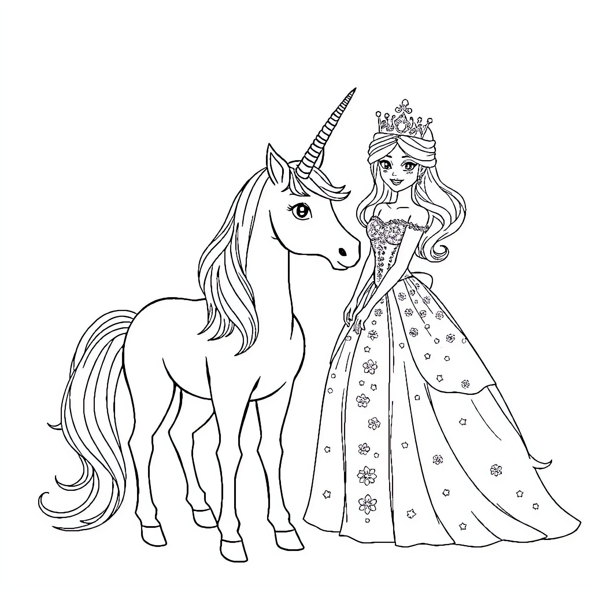 Unicorn and Princess in Elegant Attire Coloring Page (free black-and-white line drawing printable PDF for all, from beginners to advanced learners, including children, teens, adults, and seniors)