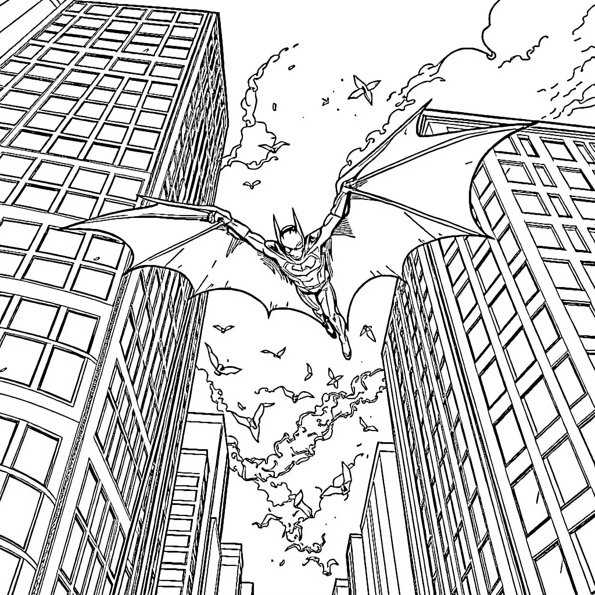 Batwing soaring over the city skyline Coloring Page (free black-and-white line drawing printable PDF for all, from beginners to advanced learners, including children, teens, adults, and seniors)