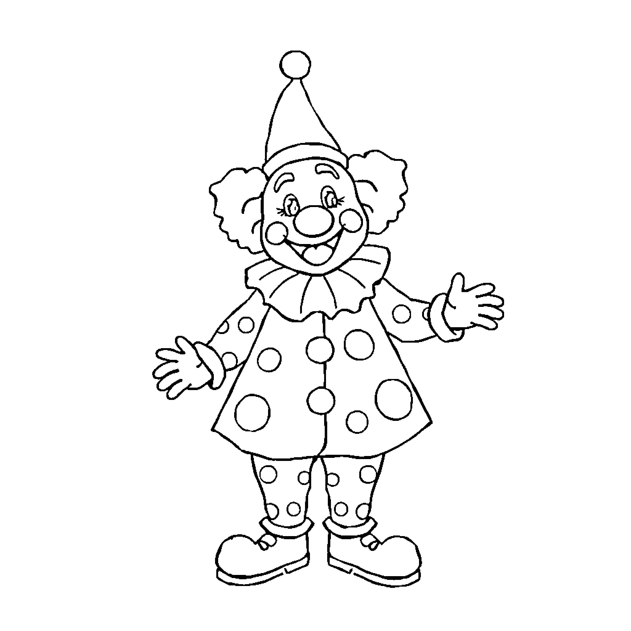 Clown with a Joyful Expression and Colorful Outfit Coloring Page (free black-and-white line drawing printable PDF for all, from beginners to advanced learners, including children, teens, adults, and seniors)